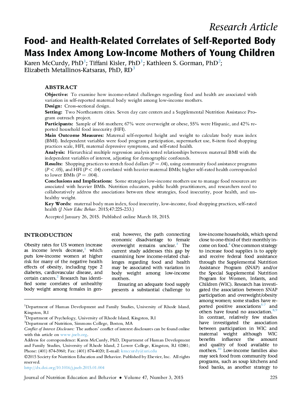 Food- and Health-Related Correlates of Self-Reported Body Mass Index Among Low-Income Mothers of Young Children