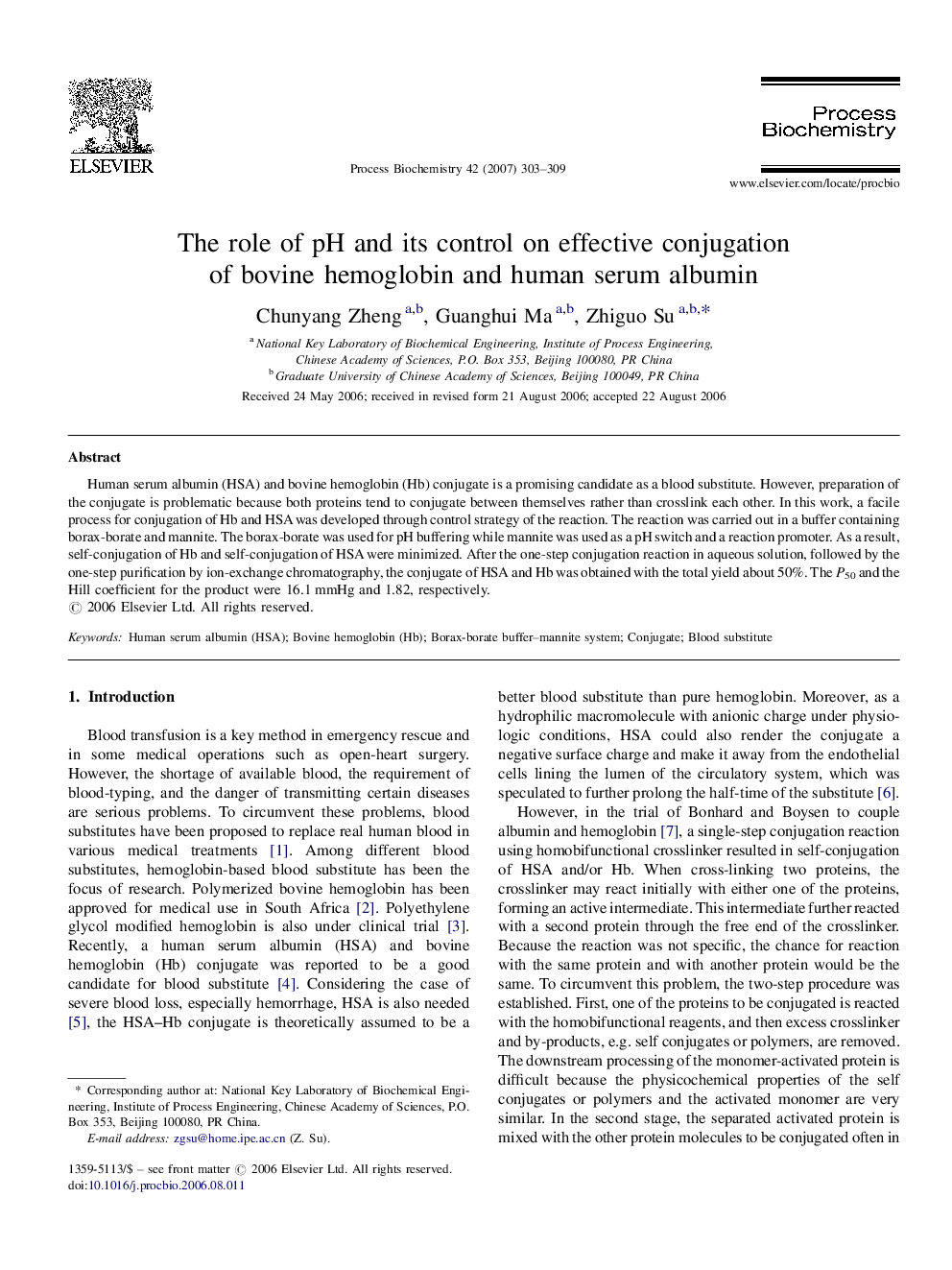 The role of pH and its control on effective conjugation of bovine hemoglobin and human serum albumin