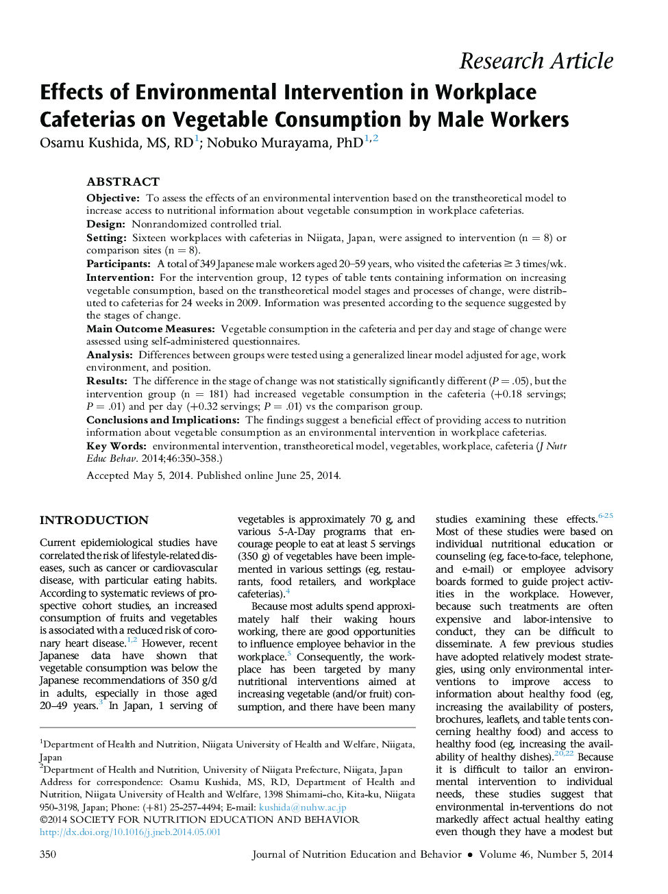 Effects of Environmental Intervention in Workplace Cafeterias on Vegetable Consumption by Male Workers