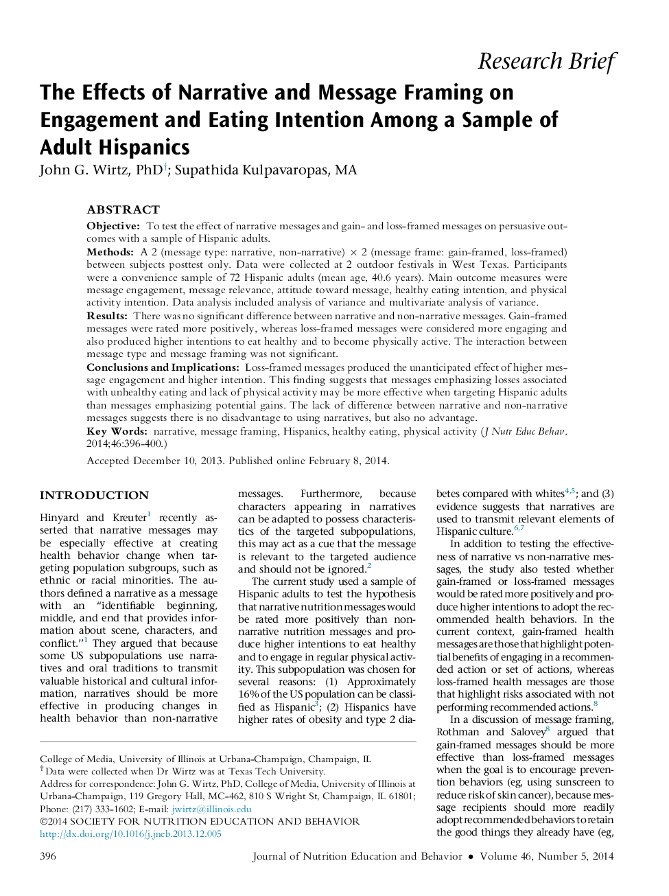 The Effects of Narrative and Message Framing on Engagement and Eating Intention Among a Sample of Adult Hispanics