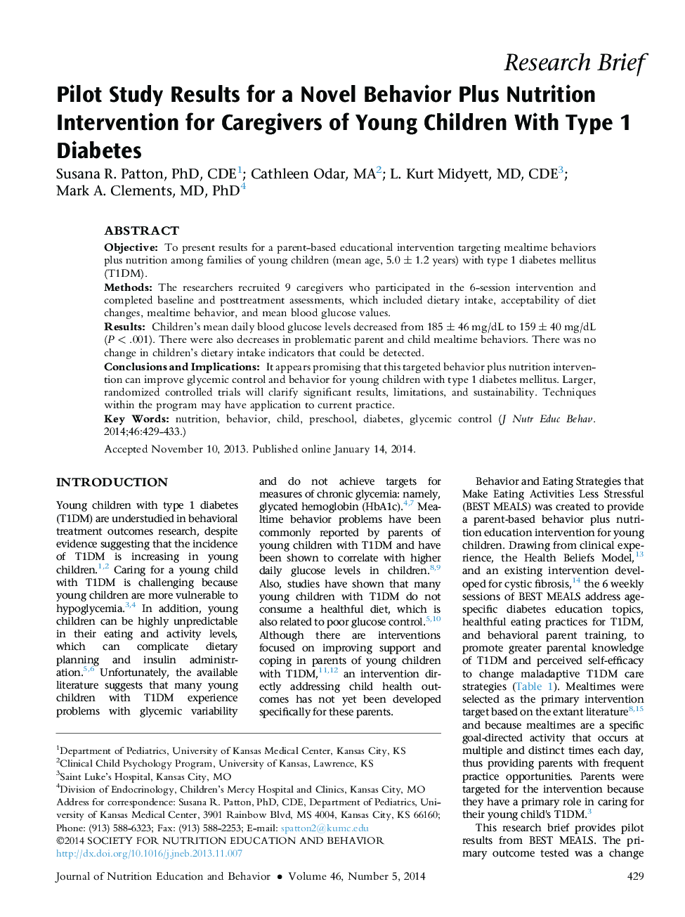 مطالعه مقدماتی نتایج یک رفتار به علاوه مداخله تغذیه برای کودکان با دیابت نوع 1