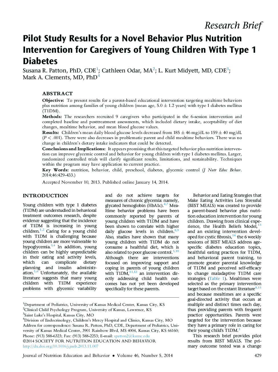 Pilot Study Results for a Novel Behavior Plus Nutrition Intervention for Caregivers of Young Children With Type 1 Diabetes