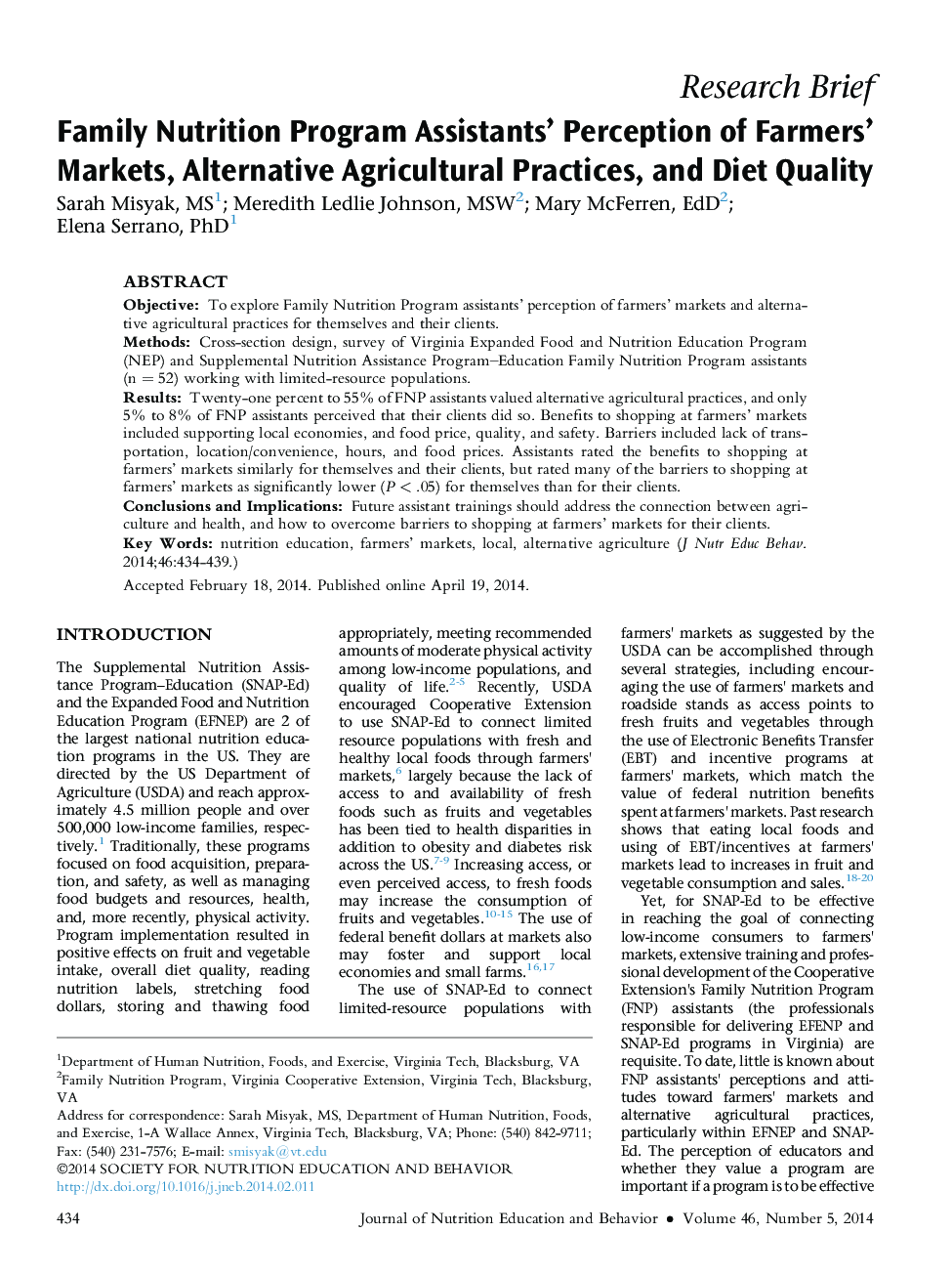 Family Nutrition Program Assistants' Perception of Farmers' Markets, Alternative Agricultural Practices, and Diet Quality