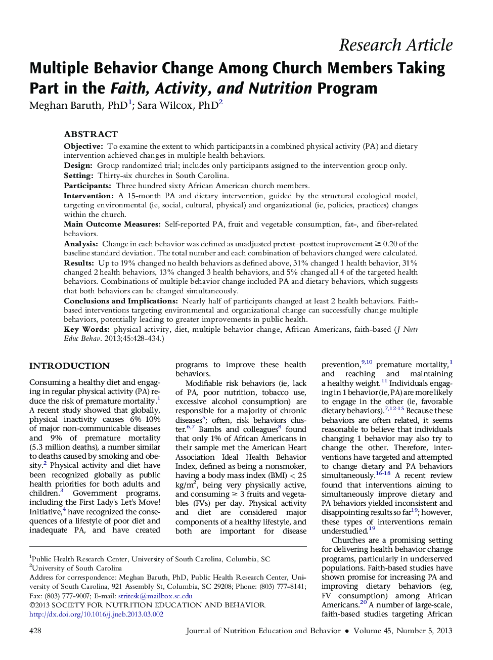 Multiple Behavior Change Among Church Members Taking Part in the Faith, Activity, and Nutrition Program