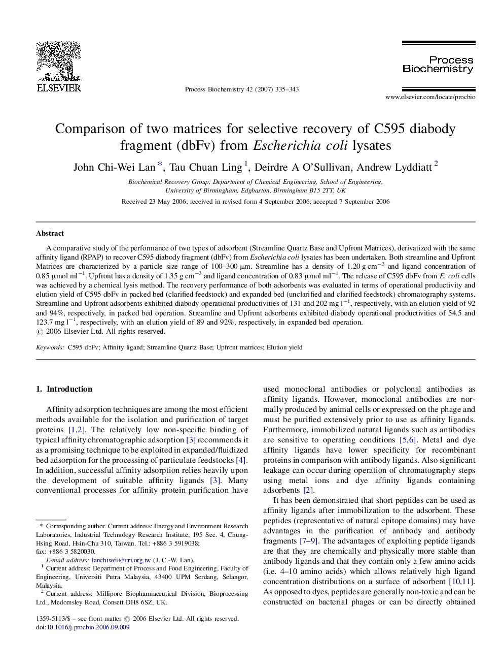 Comparison of two matrices for selective recovery of C595 diabody fragment (dbFv) from Escherichia coli lysates