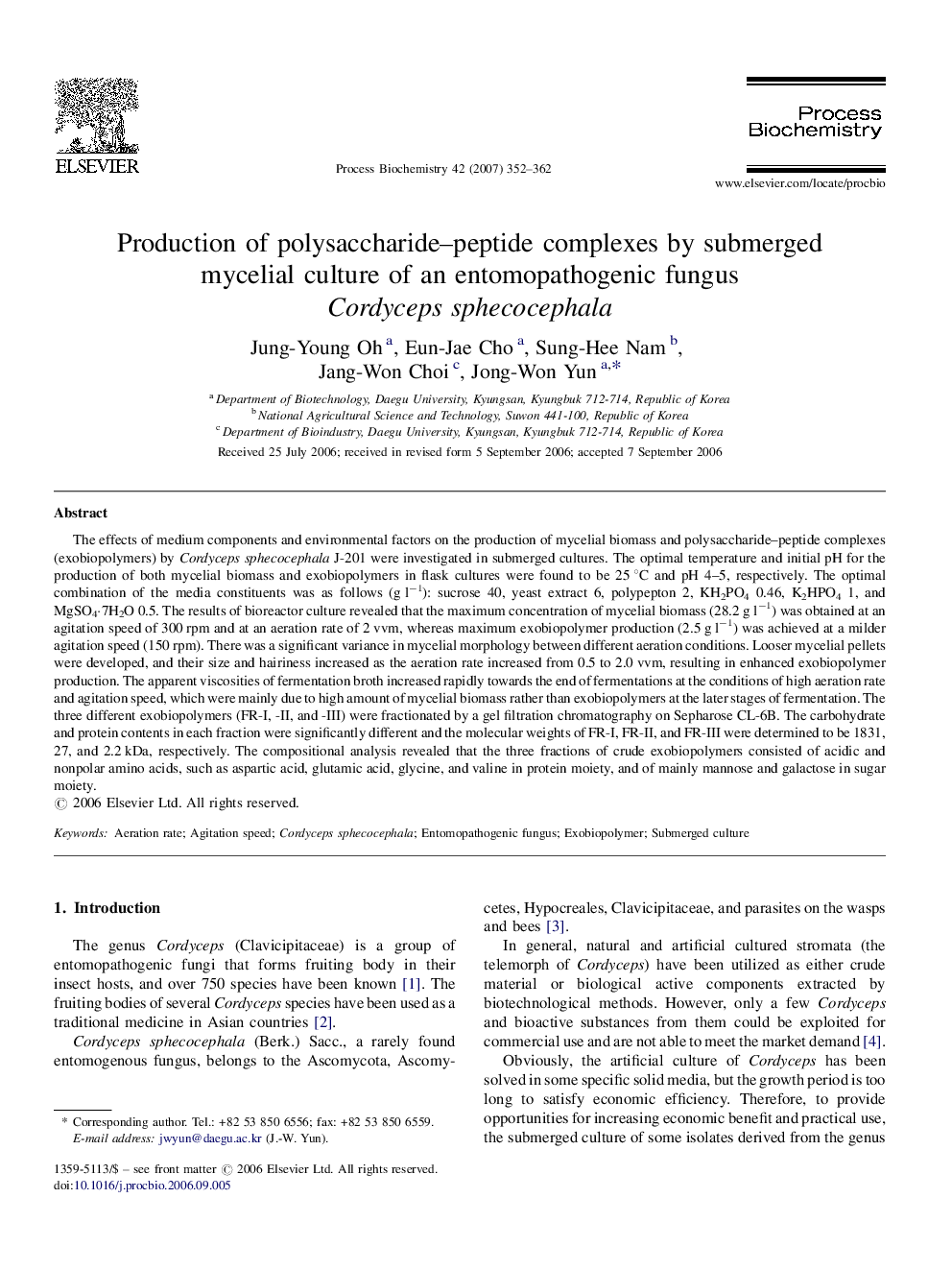 Production of polysaccharide–peptide complexes by submerged mycelial culture of an entomopathogenic fungus Cordyceps sphecocephala