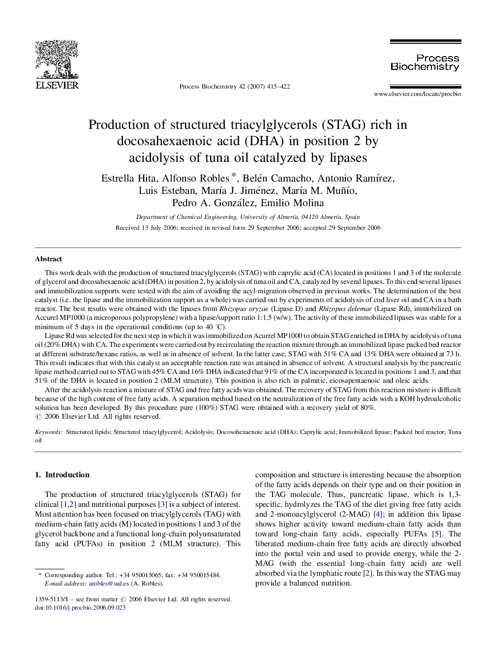 Production of structured triacylglycerols (STAG) rich in docosahexaenoic acid (DHA) in position 2 by acidolysis of tuna oil catalyzed by lipases