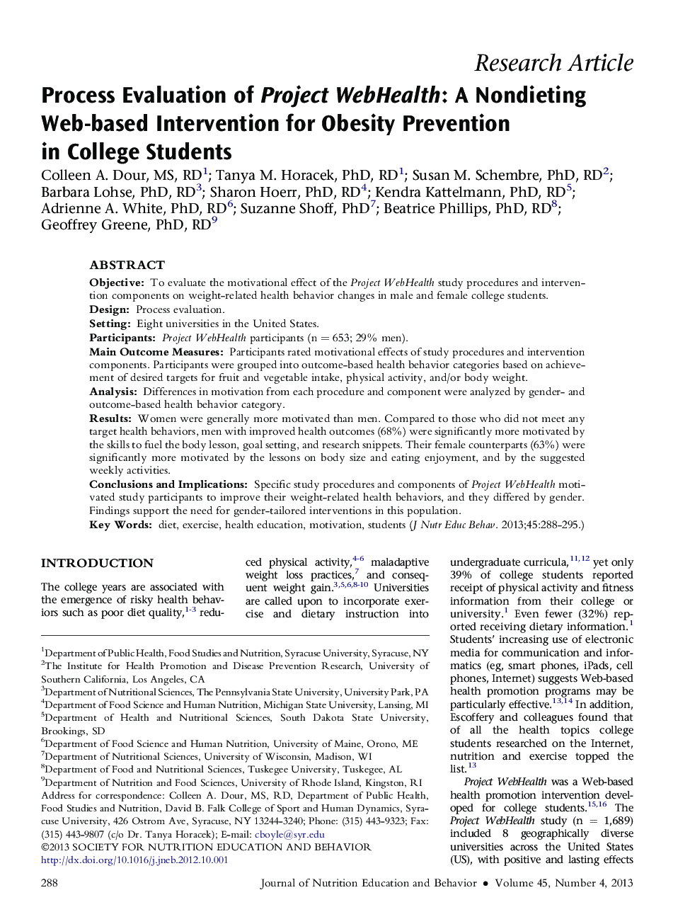 Process Evaluation of Project WebHealth: A Nondieting Web-based Intervention for Obesity Prevention in College Students