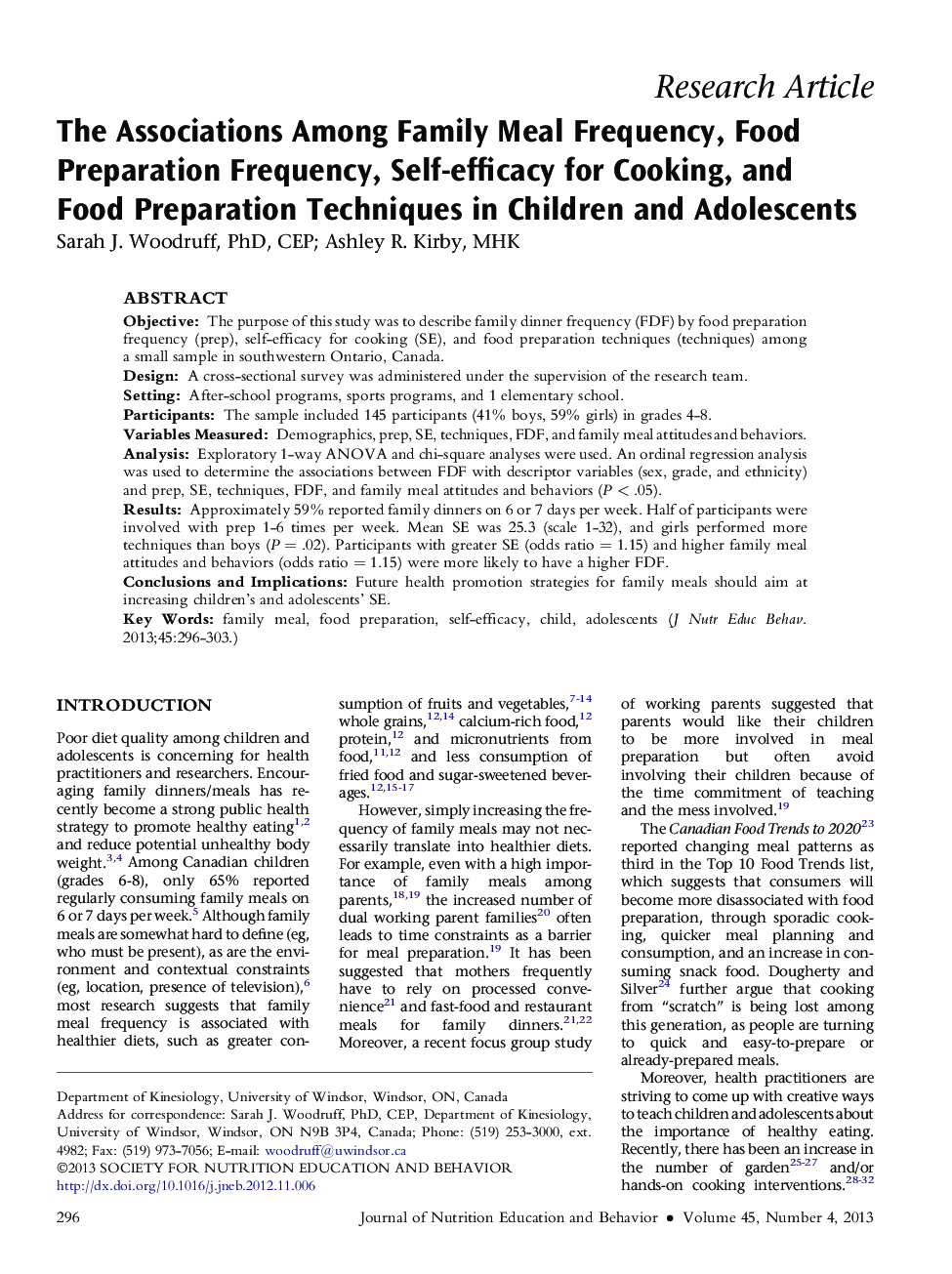 The Associations Among Family Meal Frequency, Food Preparation Frequency, Self-efficacy for Cooking, and Food Preparation Techniques in Children and Adolescents