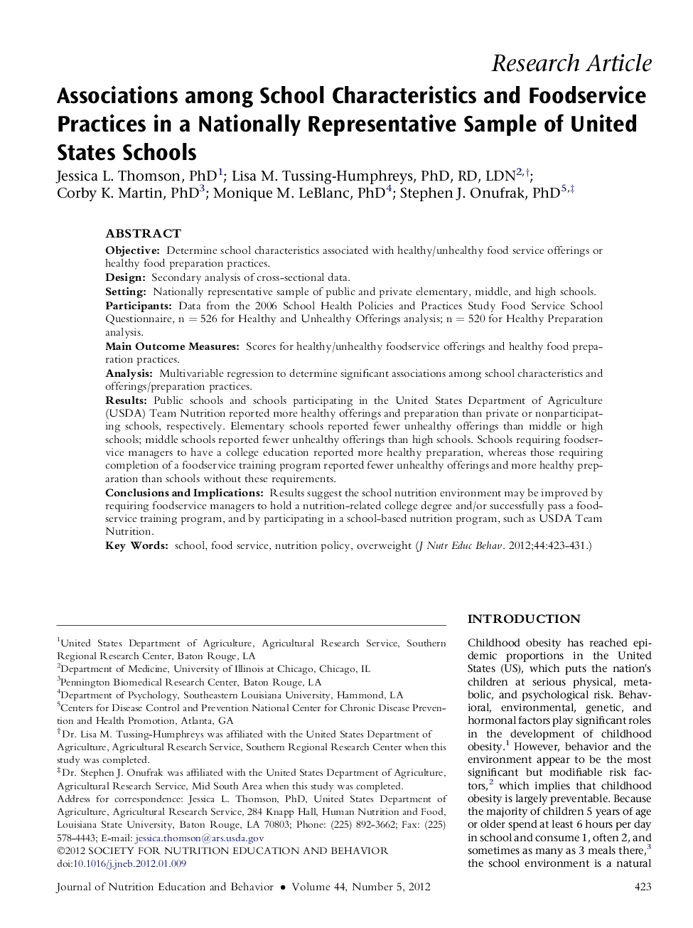 Associations among School Characteristics and Foodservice Practices in a Nationally Representative Sample of United States Schools