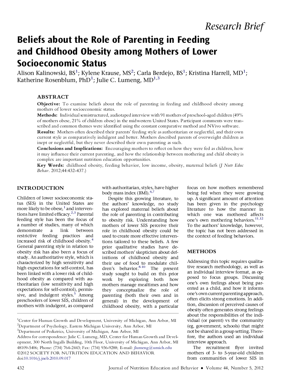 Beliefs about the Role of Parenting in Feeding and Childhood Obesity among Mothers of Lower Socioeconomic Status