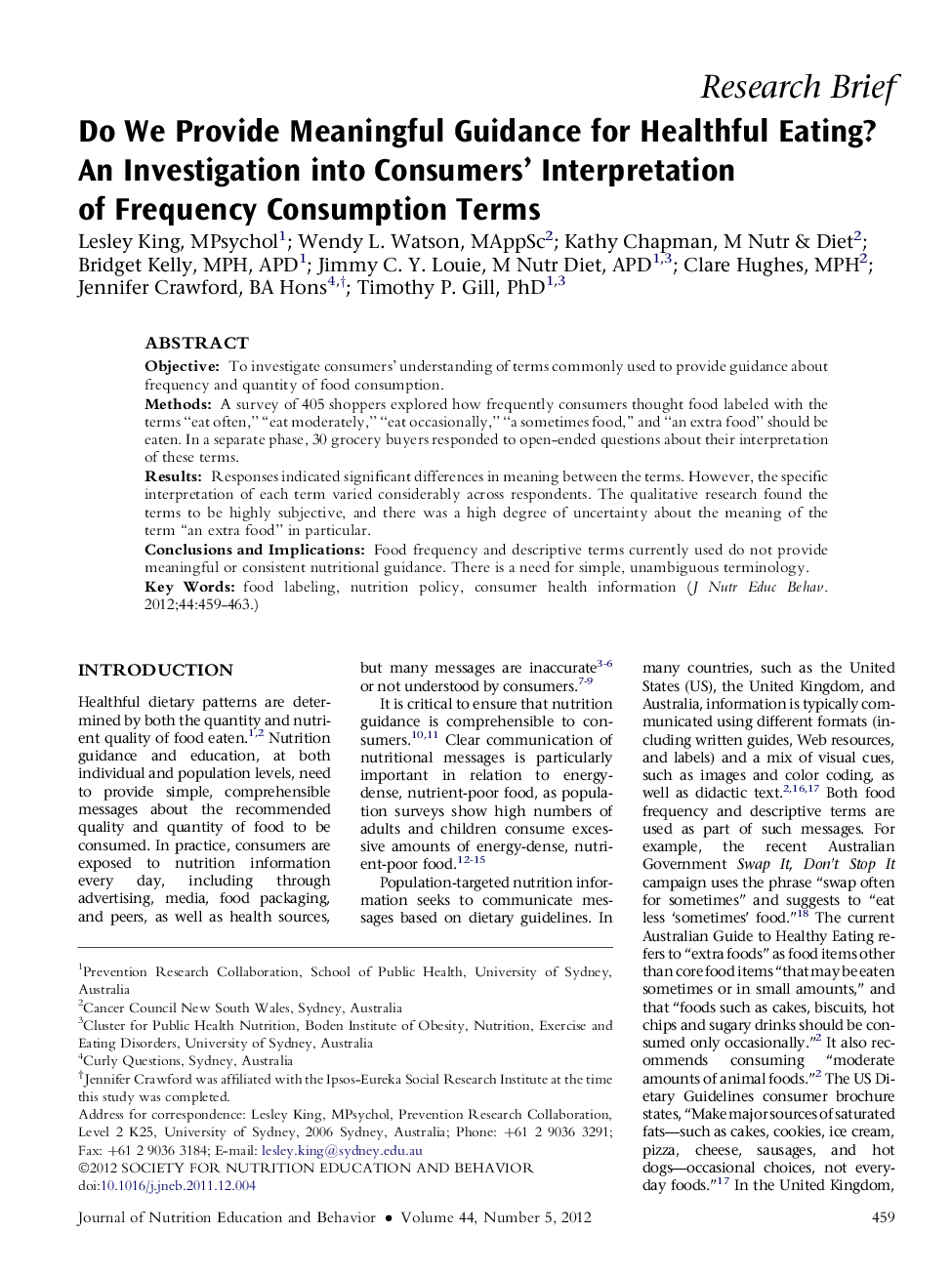 Do We Provide Meaningful Guidance for Healthful Eating? An Investigation into Consumers' Interpretation of Frequency Consumption Terms