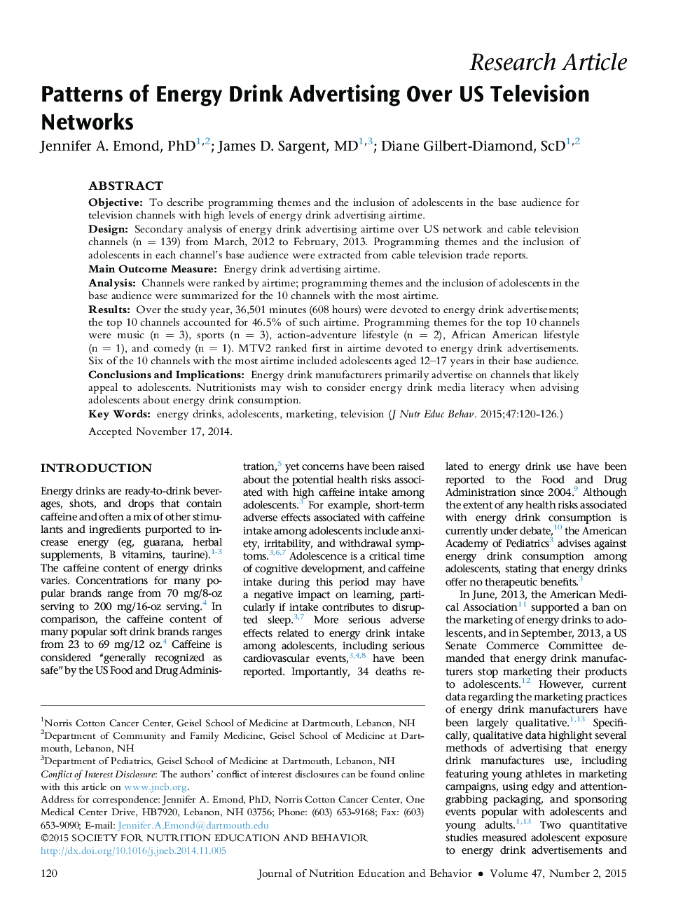 Patterns of Energy Drink Advertising Over US Television Networks