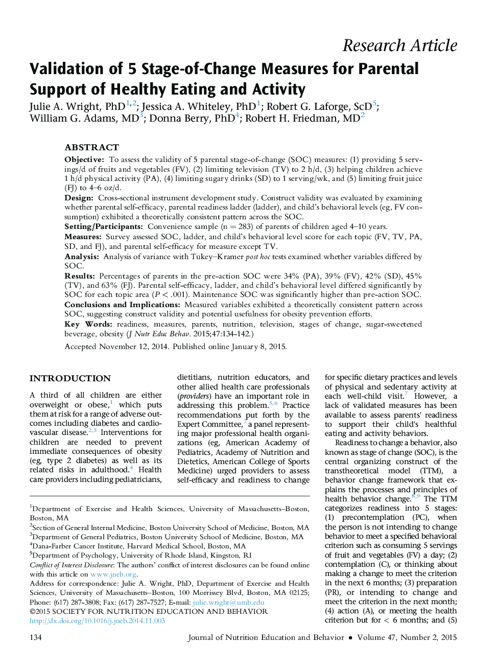 Validation of 5 Stage-of-Change Measures for Parental Support of Healthy Eating and Activity