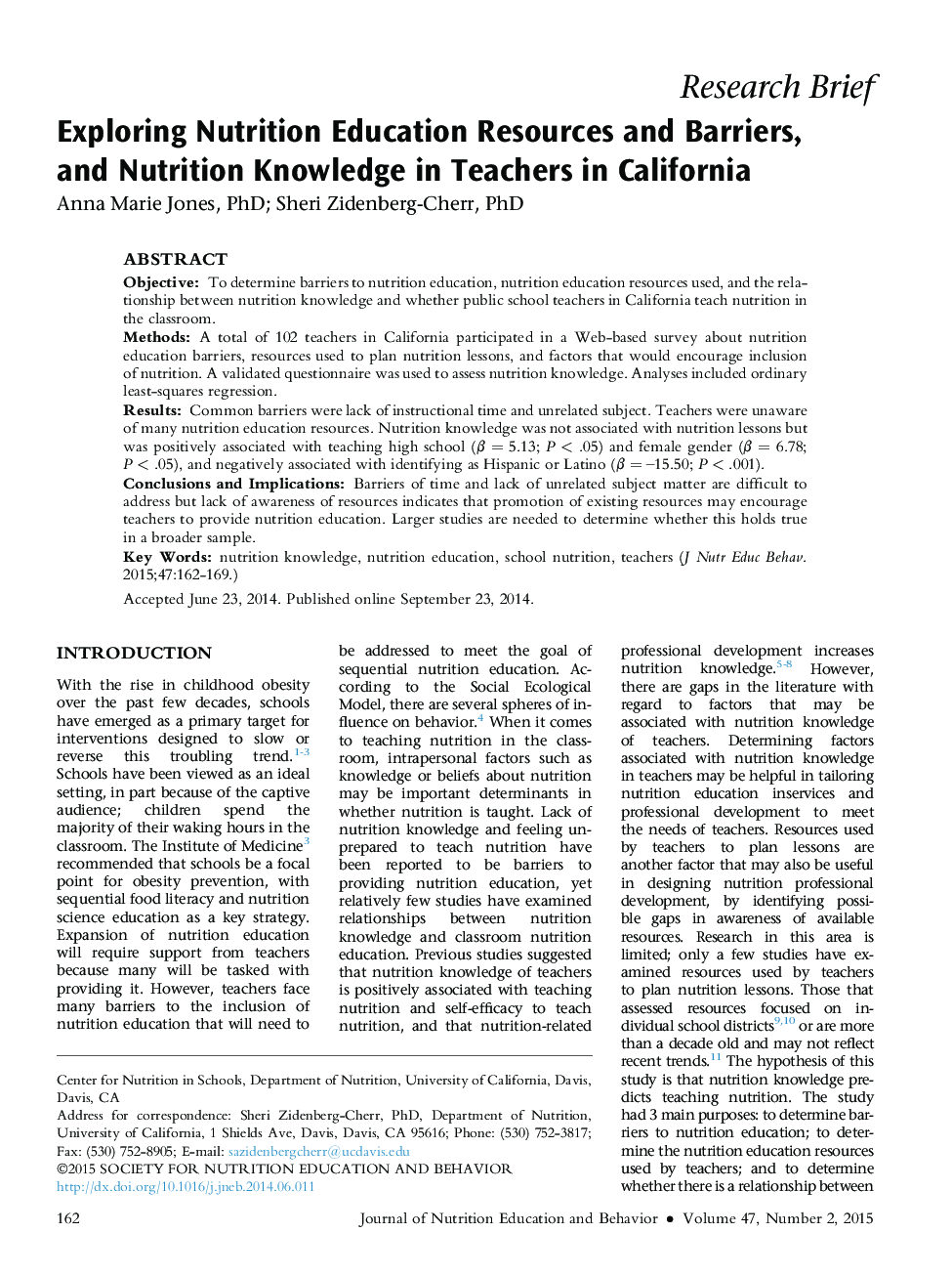 Exploring Nutrition Education Resources and Barriers, and Nutrition Knowledge in Teachers in California