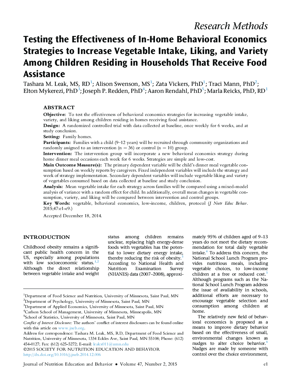 Testing the Effectiveness of In-Home Behavioral Economics Strategies to Increase Vegetable Intake, Liking, and Variety Among Children Residing in Households That Receive Food Assistance 