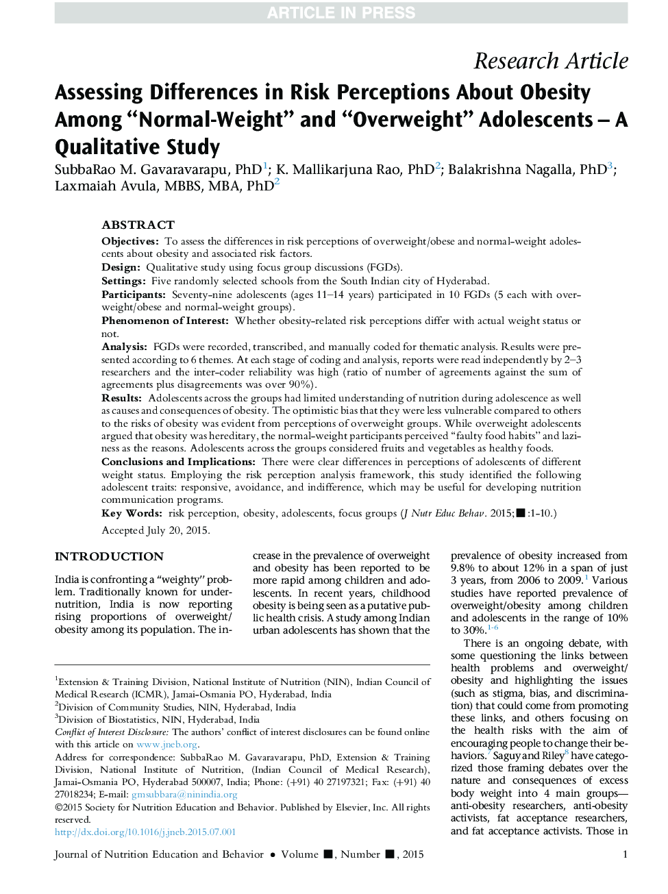 Assessing Differences in Risk Perceptions About Obesity Among “Normal-Weight” and “Overweight” Adolescents-A Qualitative Study