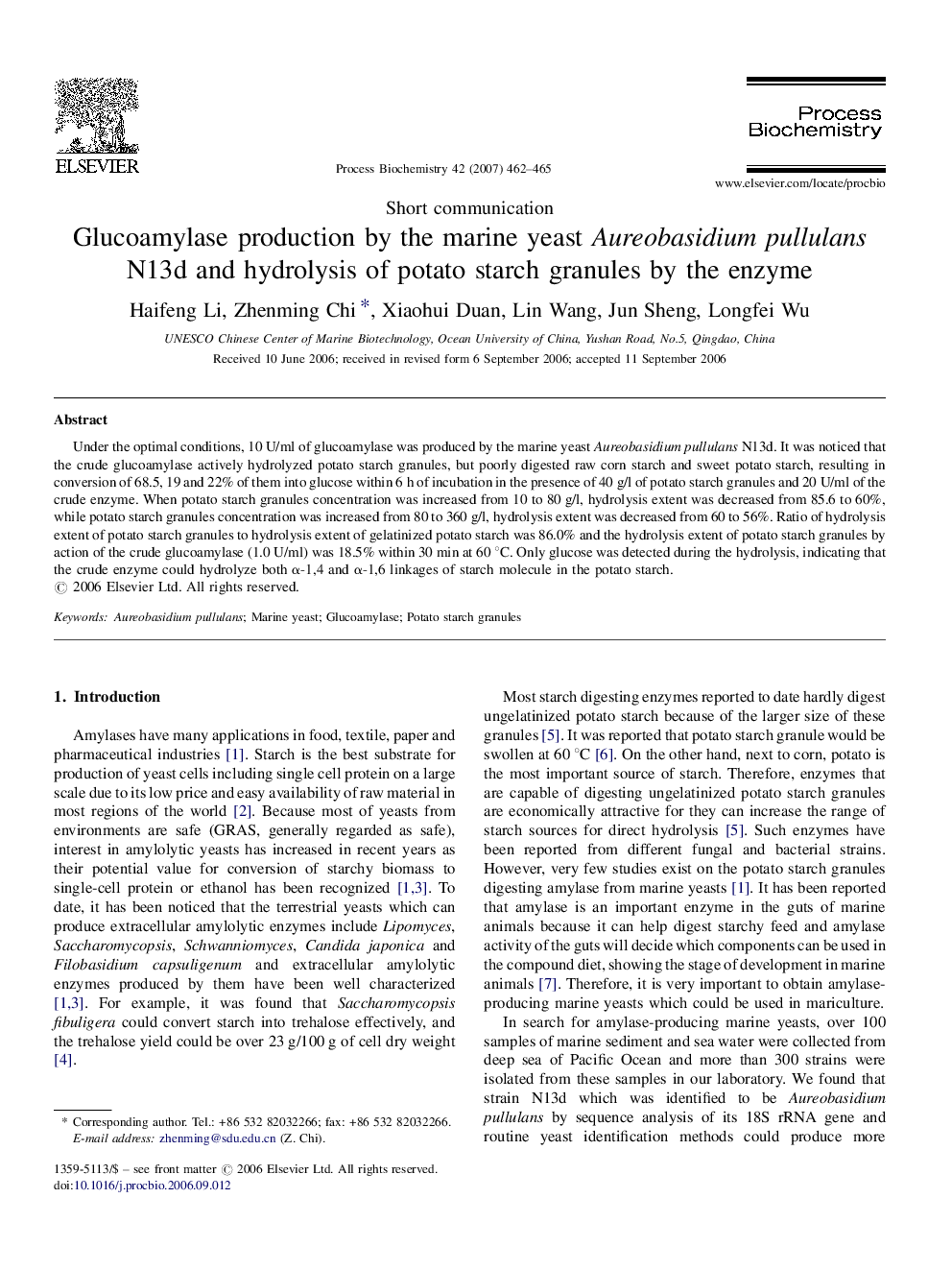 Glucoamylase production by the marine yeast Aureobasidium pullulans N13d and hydrolysis of potato starch granules by the enzyme