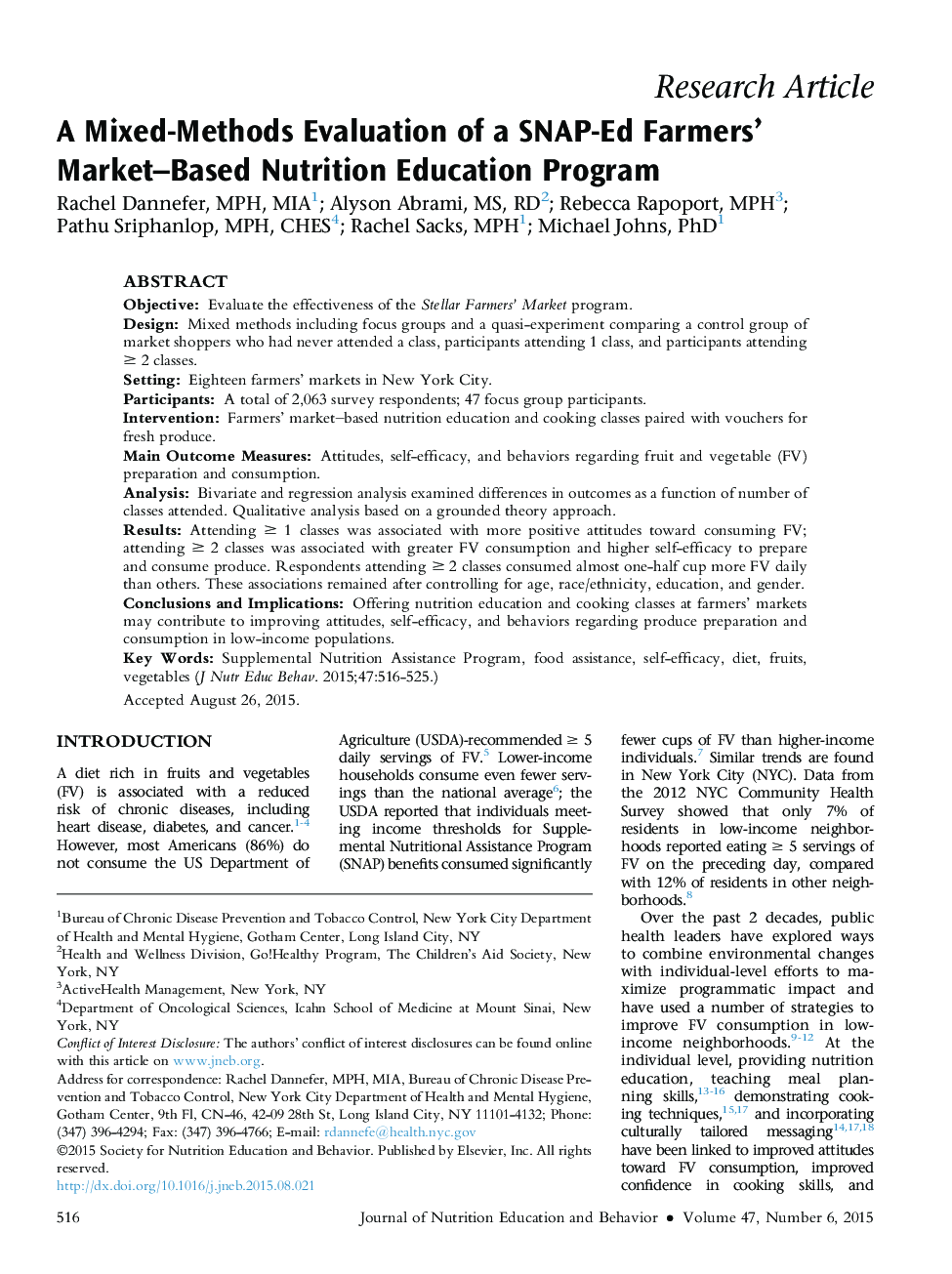 A Mixed-Methods Evaluation of a SNAP-Ed Farmers' Market-Based Nutrition Education Program