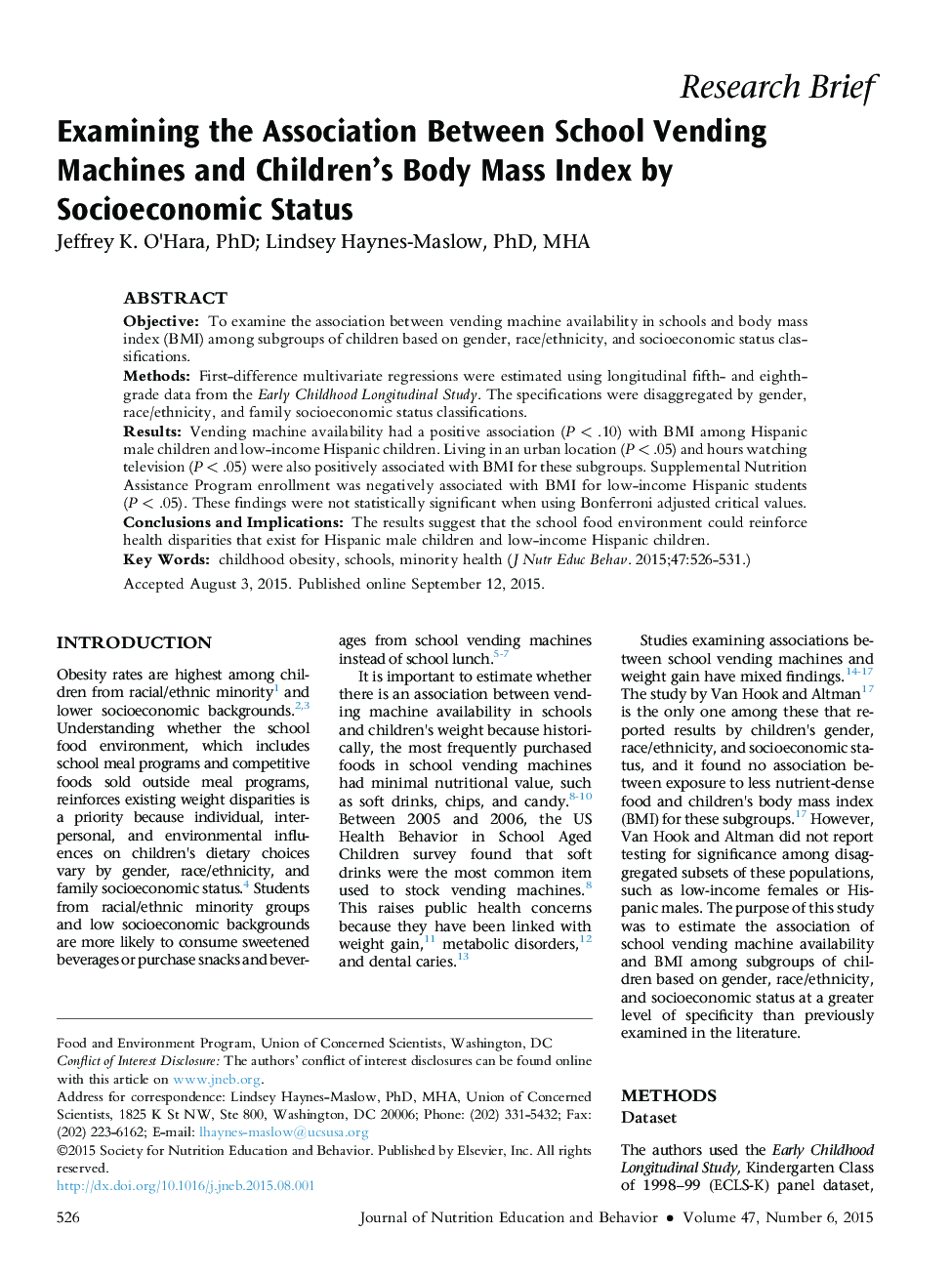 Examining the Association Between School Vending Machines and Children's Body Mass Index by Socioeconomic Status