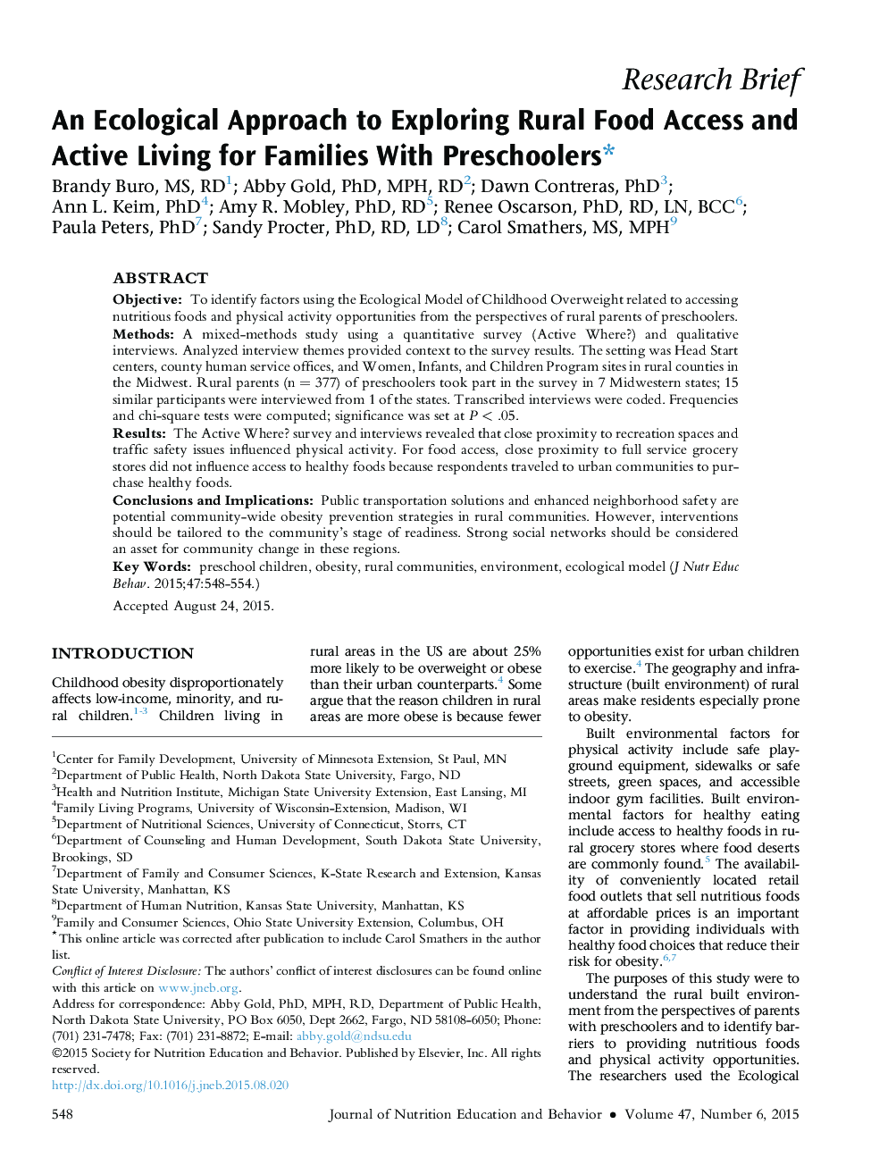 An Ecological Approach to Exploring Rural Food Access and Active Living for Families With Preschoolersâ