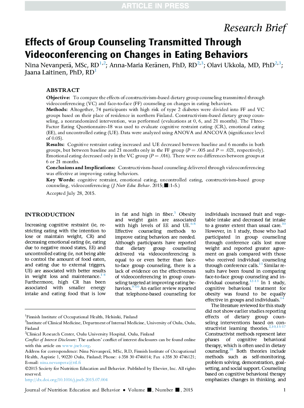 Effects of Group Counseling Transmitted Through Videoconferencing on Changes in Eating Behaviors