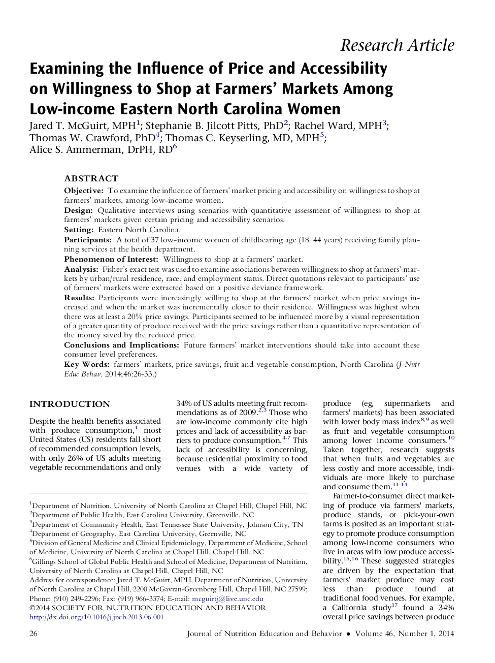 Examining the Influence of Price and Accessibility on Willingness to Shop at Farmers' Markets Among Low-income Eastern North Carolina Women