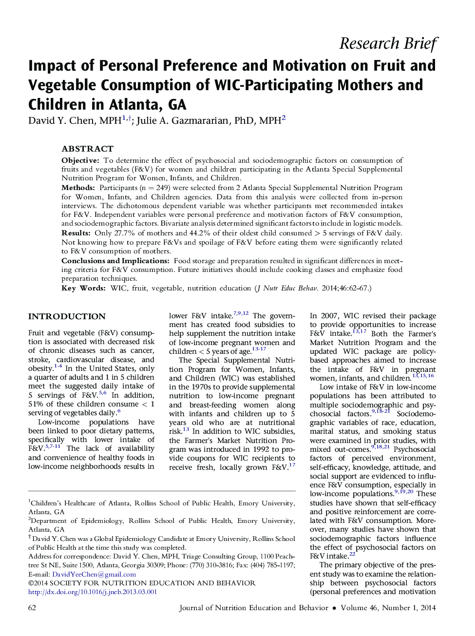 Impact of Personal Preference and Motivation on Fruit and Vegetable Consumption of WIC-Participating Mothers and Children in Atlanta, GA