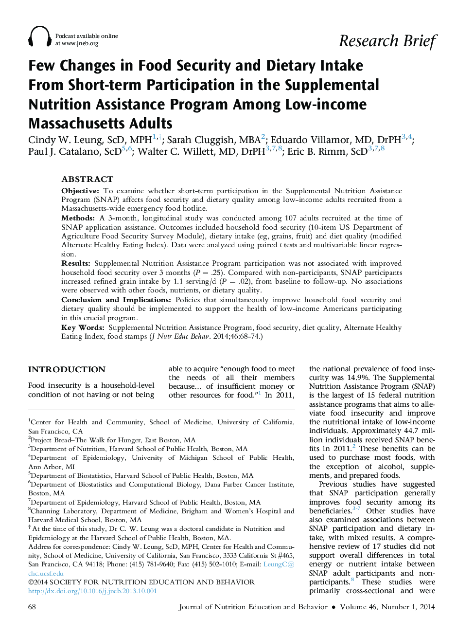 Few Changes in Food Security and Dietary Intake From Short-term Participation in the Supplemental Nutrition Assistance Program Among Low-income Massachusetts Adults