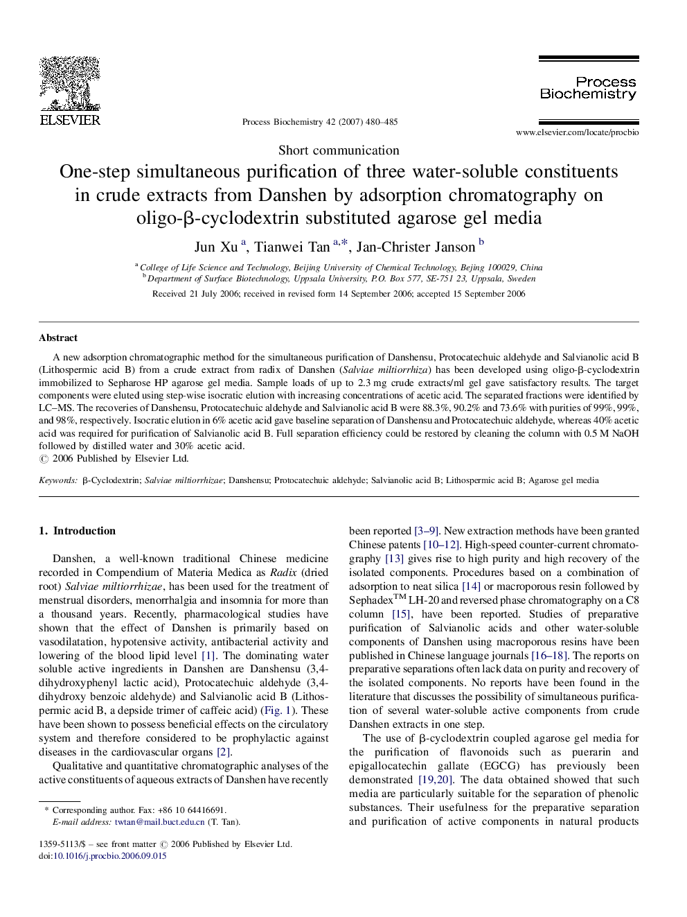 One-step simultaneous purification of three water-soluble constituents in crude extracts from Danshen by adsorption chromatography on oligo-β-cyclodextrin substituted agarose gel media