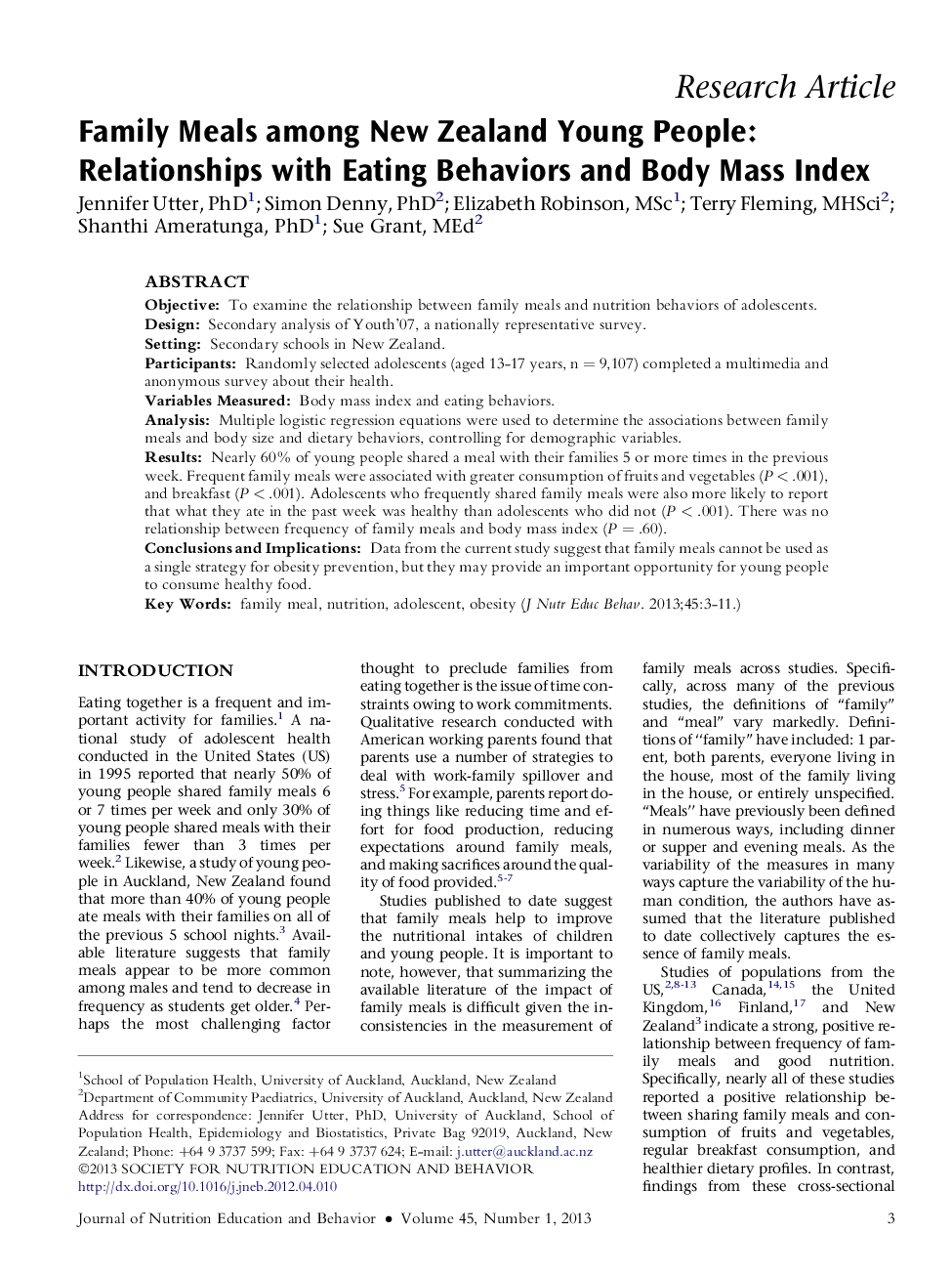 Family Meals among New Zealand Young People: Relationships with Eating Behaviors and Body Mass Index