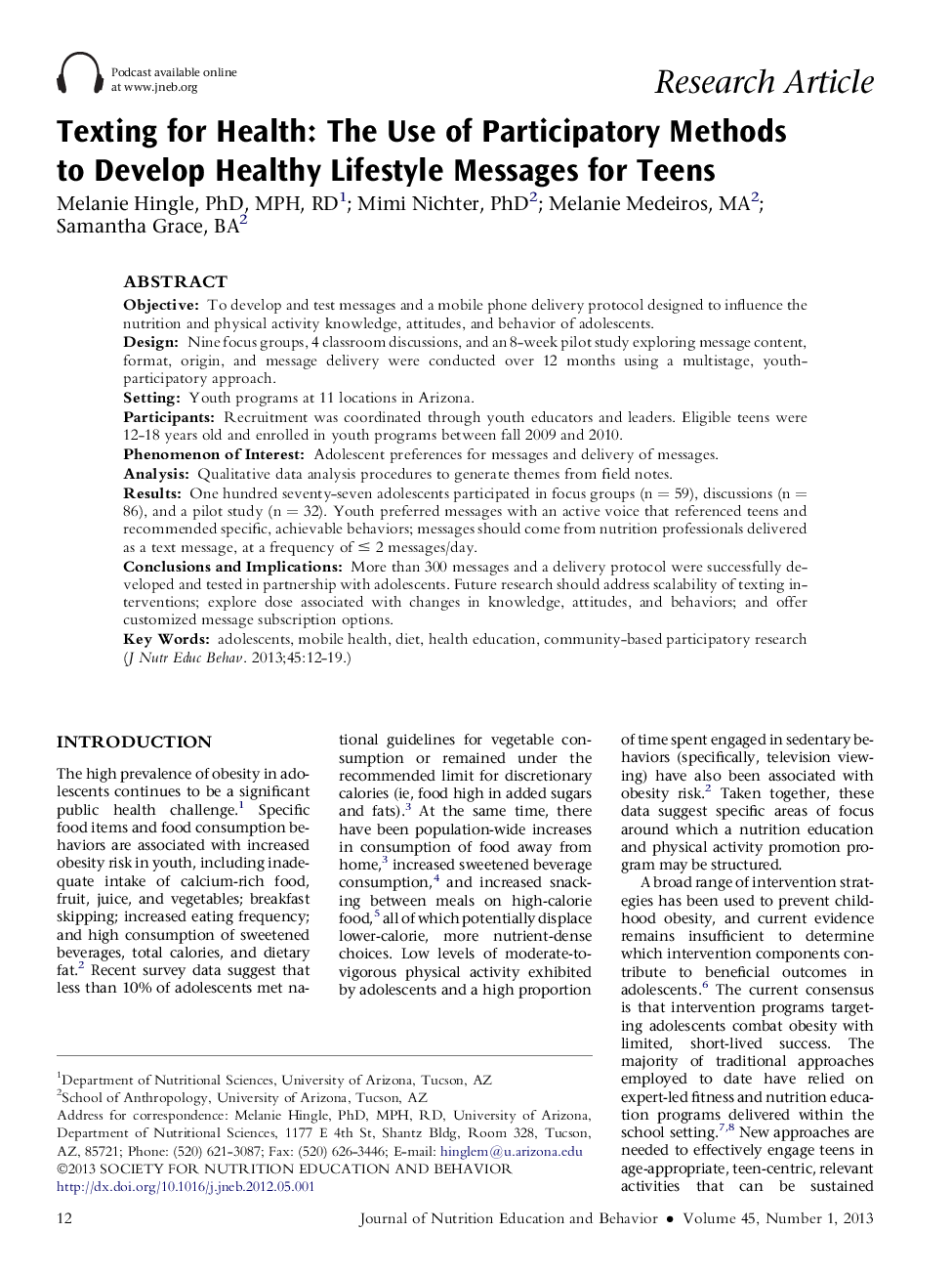 Texting for Health: The Use of Participatory Methods to Develop Healthy Lifestyle Messages for Teens