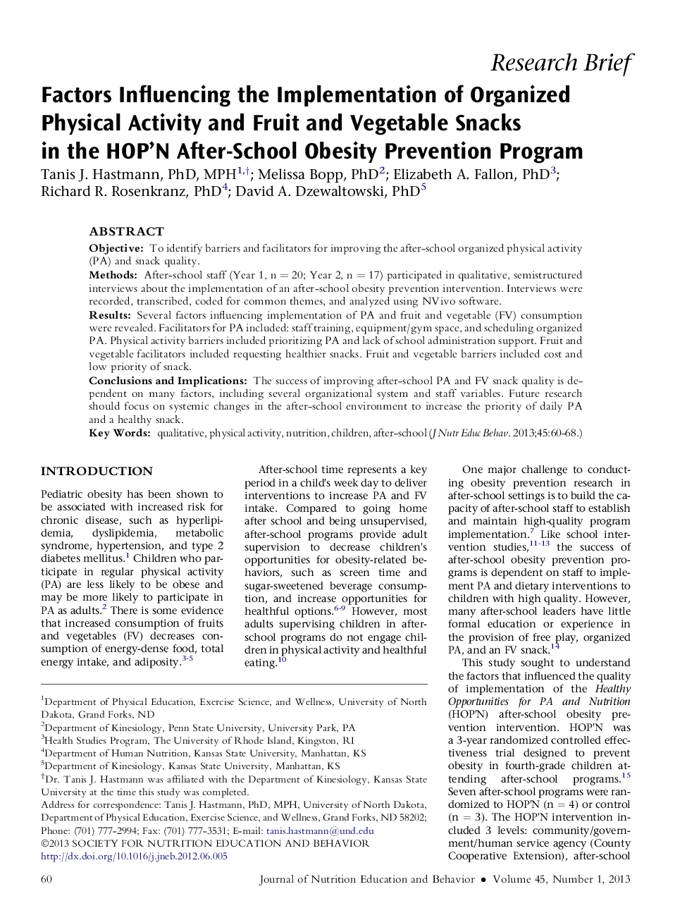 Factors Influencing the Implementation of Organized Physical Activity and Fruit and Vegetable Snacks in the HOP'N After-School Obesity Prevention Program