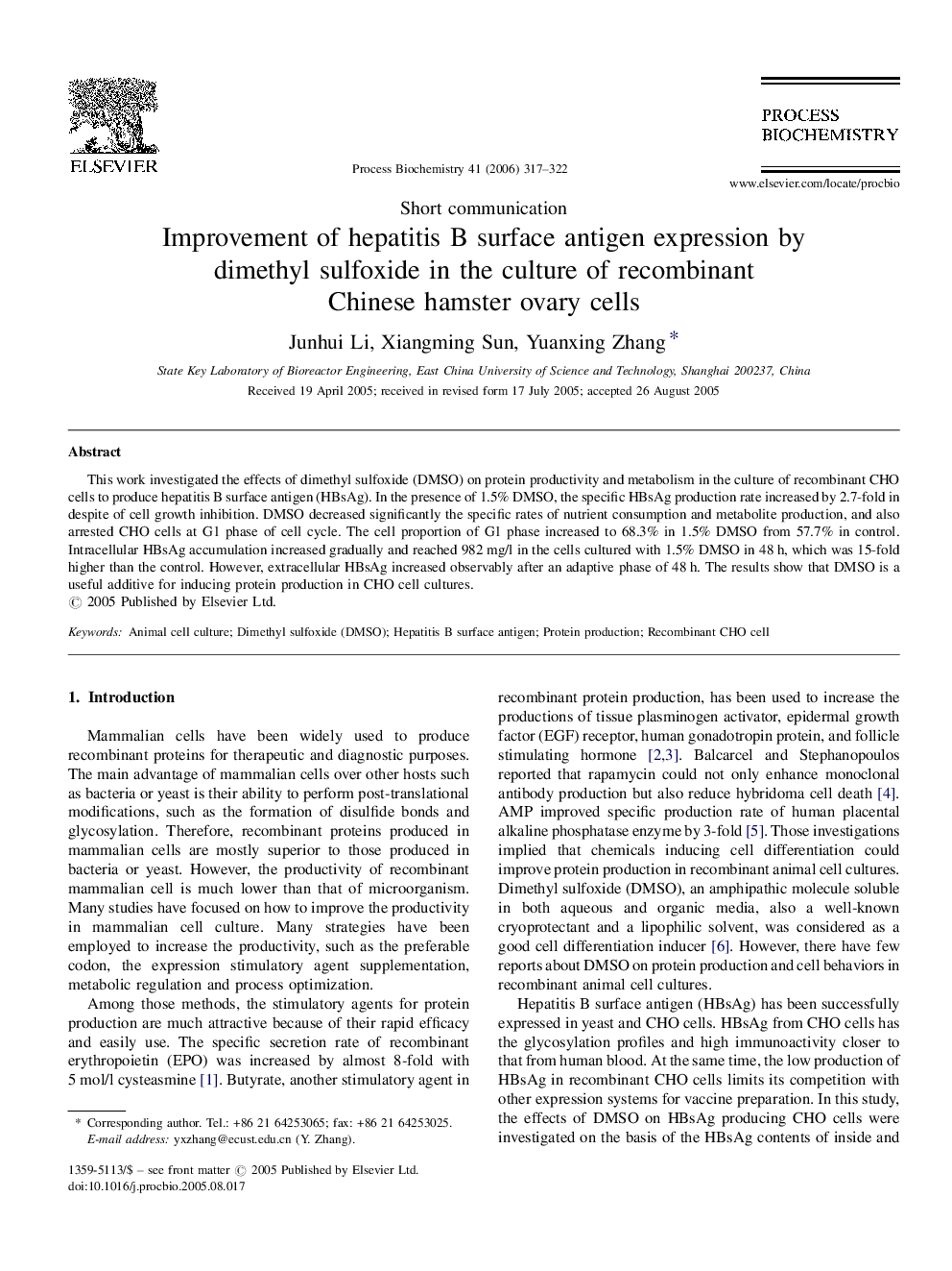 Improvement of hepatitis B surface antigen expression by dimethyl sulfoxide in the culture of recombinant Chinese hamster ovary cells