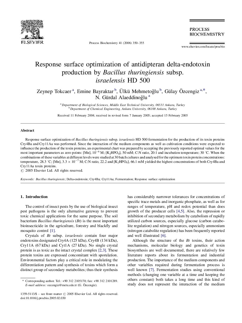 Response surface optimization of antidipteran delta-endotoxin production by Bacillus thuringiensis subsp. israelensis HD 500