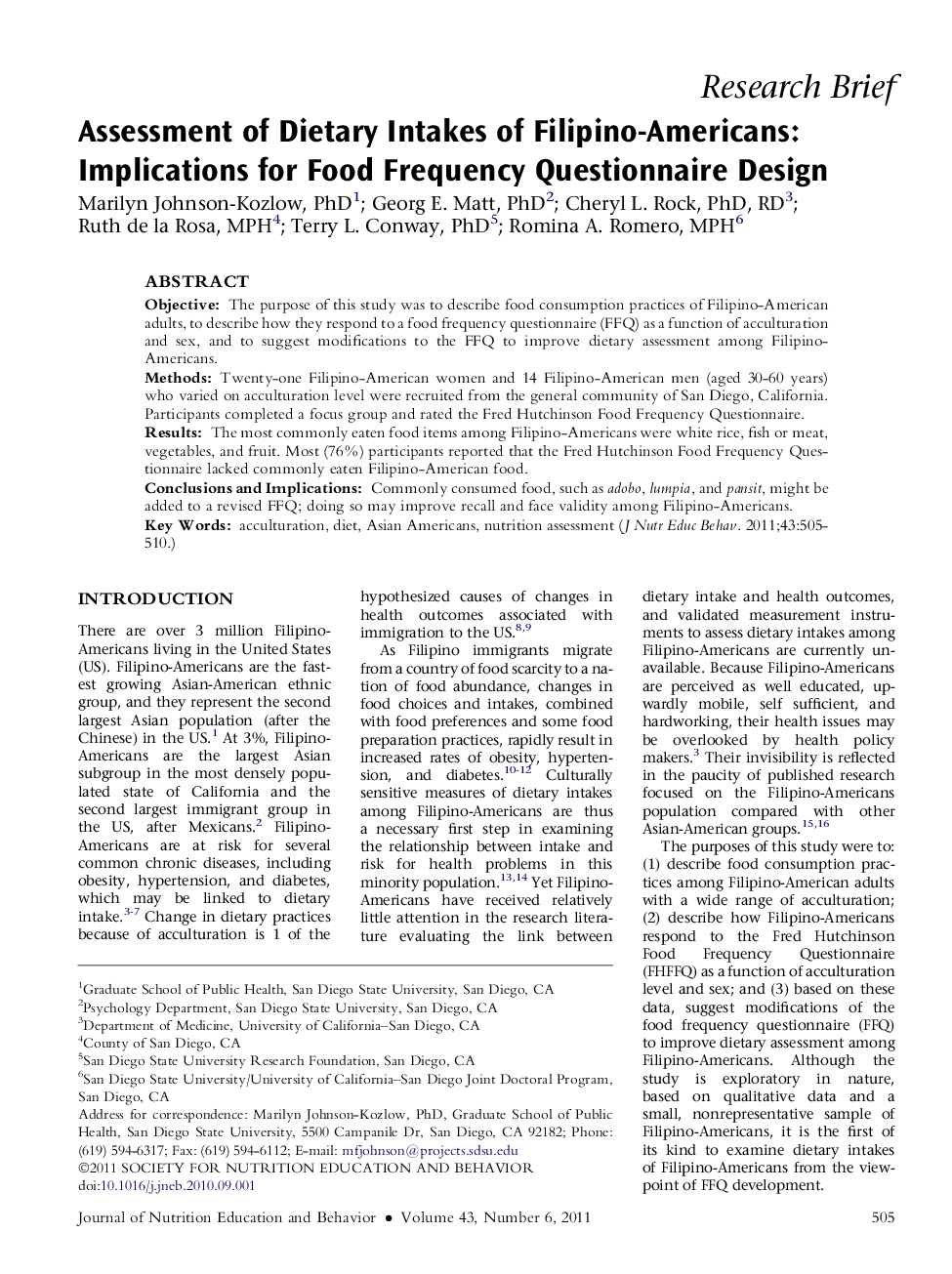 Assessment of Dietary Intakes of Filipino-Americans: Implications for Food Frequency Questionnaire Design