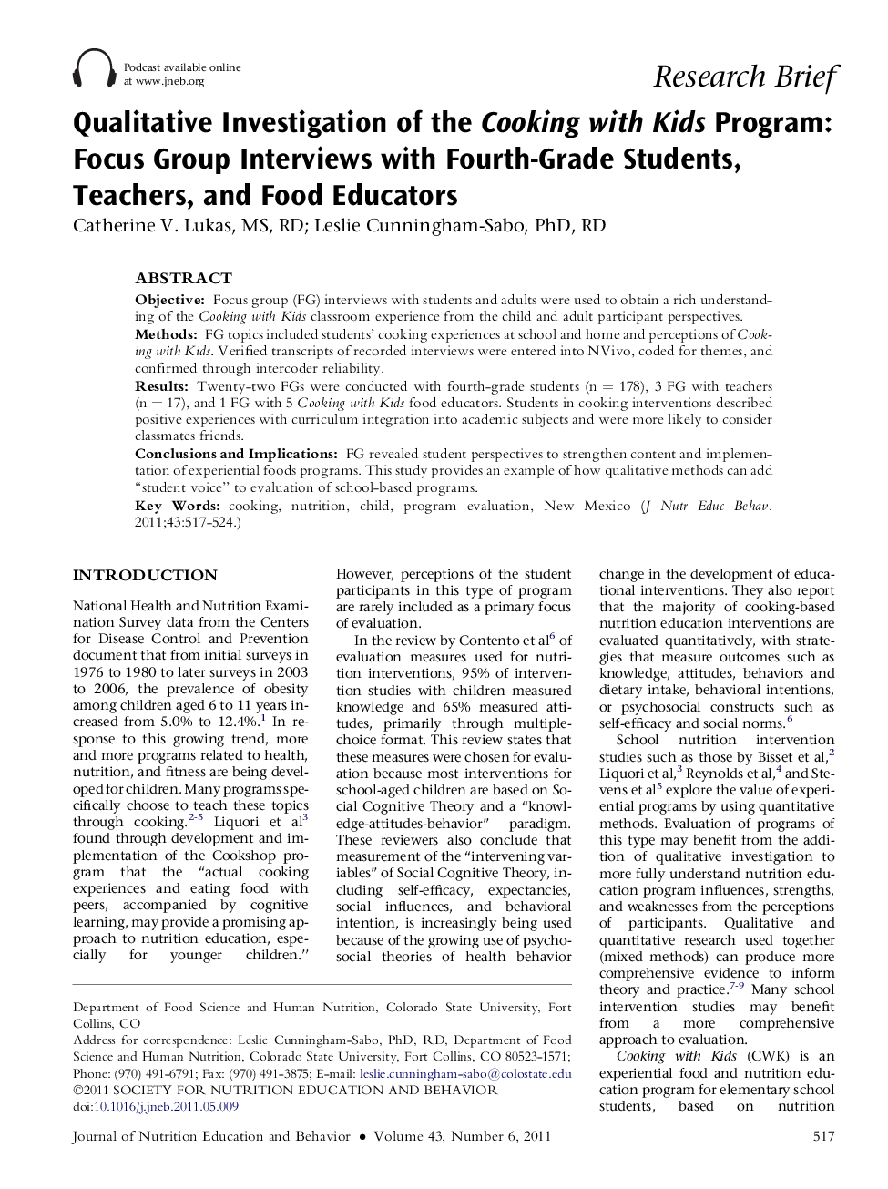 Qualitative Investigation of the Cooking with Kids Program: Focus Group Interviews with Fourth-Grade Students, Teachers, and Food Educators