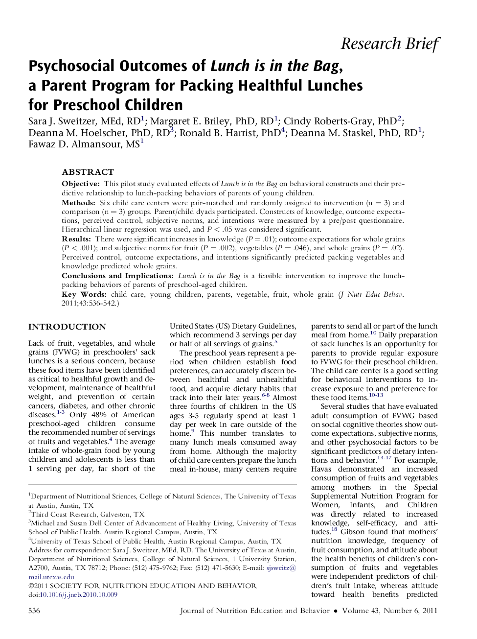 Psychosocial Outcomes of Lunch is in the Bag, a Parent Program for Packing Healthful Lunches for Preschool Children