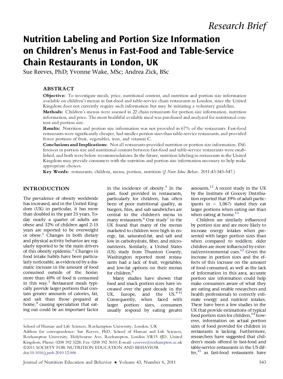 Nutrition Labeling and Portion Size Information on Children's Menus in Fast-Food and Table-Service Chain Restaurants in London, UK