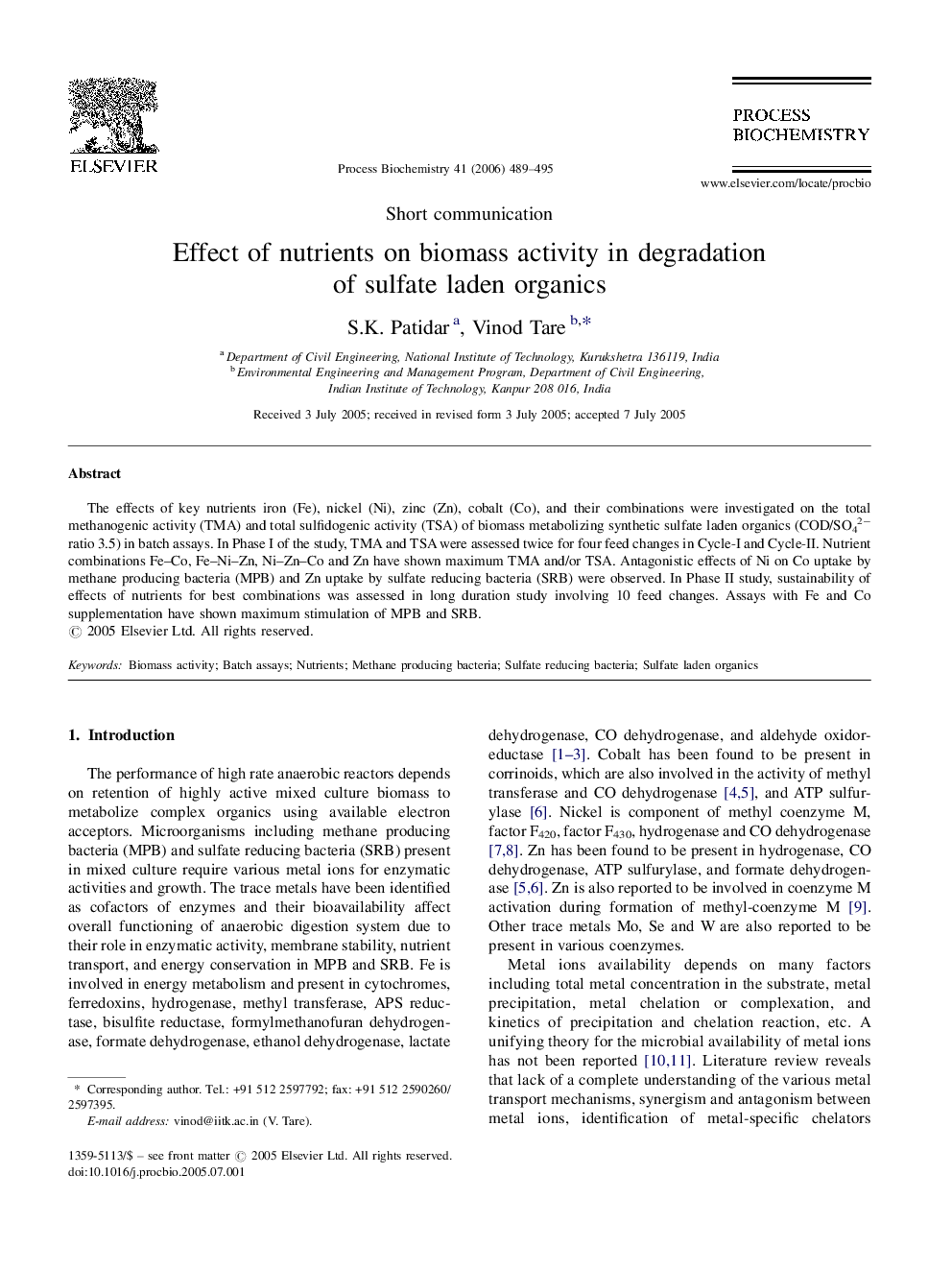 Effect of nutrients on biomass activity in degradation of sulfate laden organics