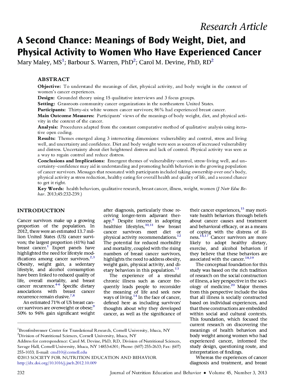 A Second Chance: Meanings of Body Weight, Diet, and Physical Activity to Women Who Have Experienced Cancer