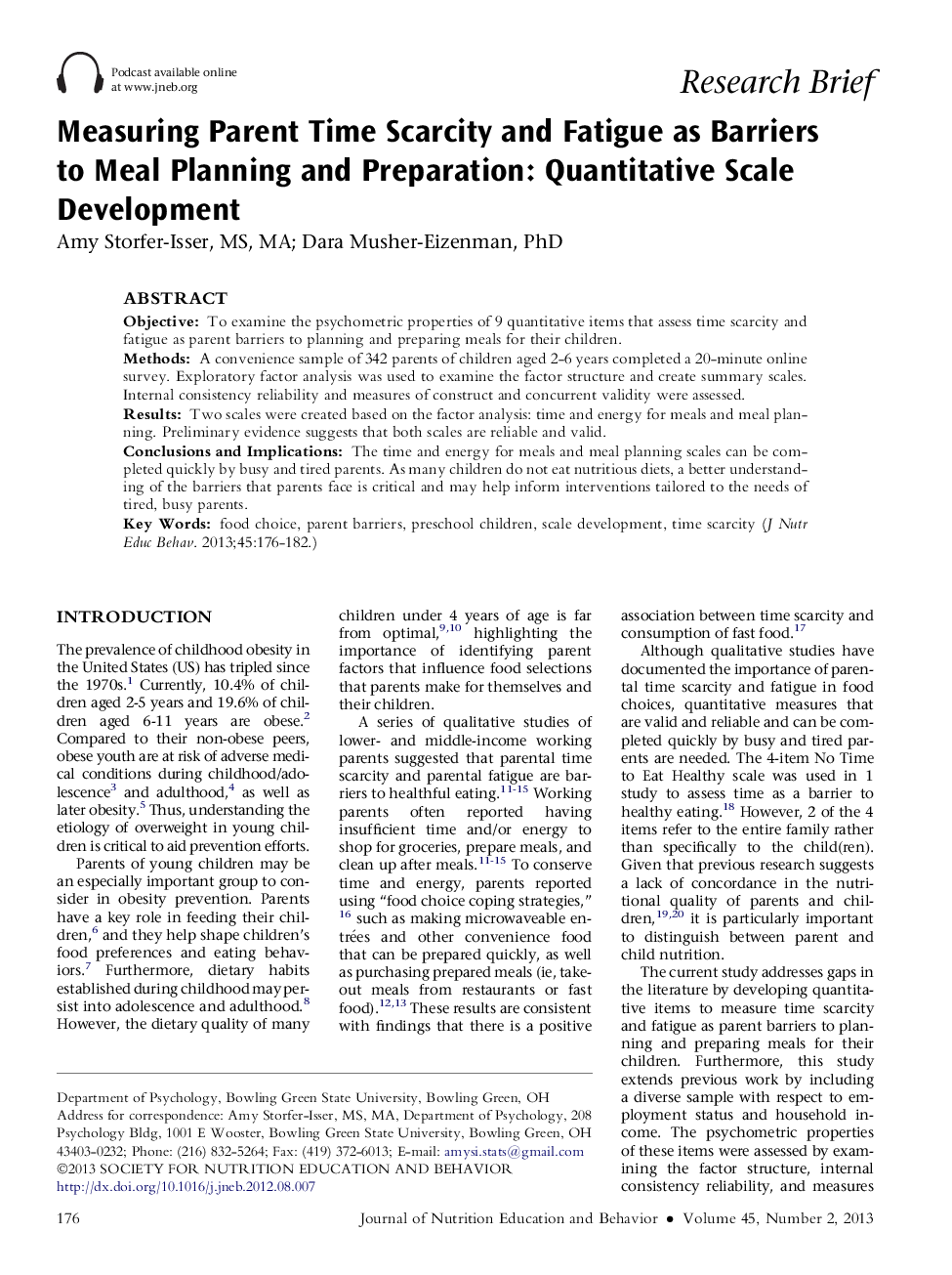 Measuring Parent Time Scarcity and Fatigue as Barriers to Meal Planning and Preparation: Quantitative Scale Development