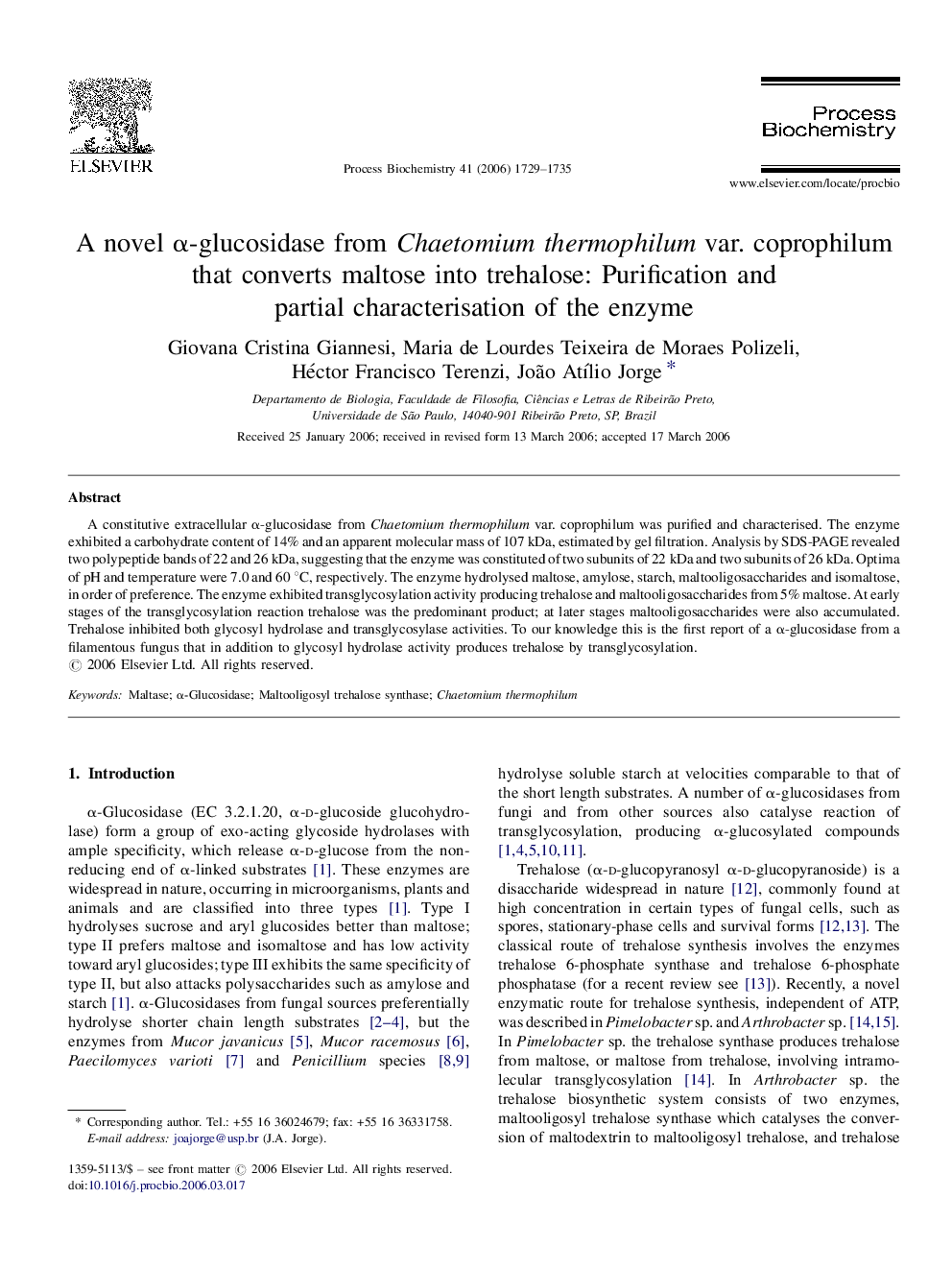 A novel α-glucosidase from Chaetomium thermophilum var. coprophilum that converts maltose into trehalose: Purification and partial characterisation of the enzyme