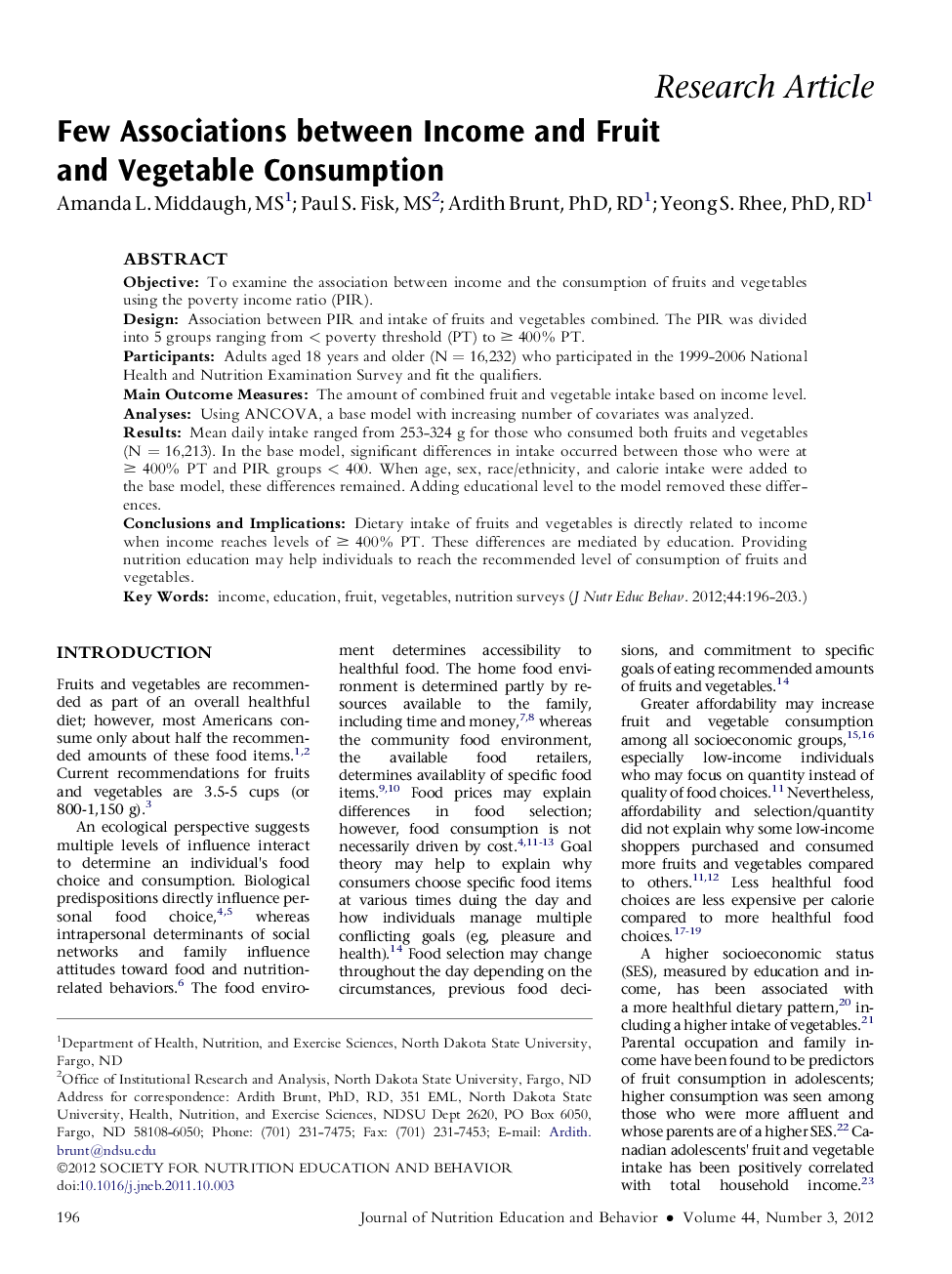 Few Associations between Income and Fruit and Vegetable Consumption