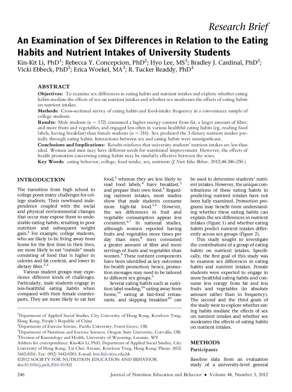 An Examination of Sex Differences in Relation to the Eating Habits and Nutrient Intakes of University Students