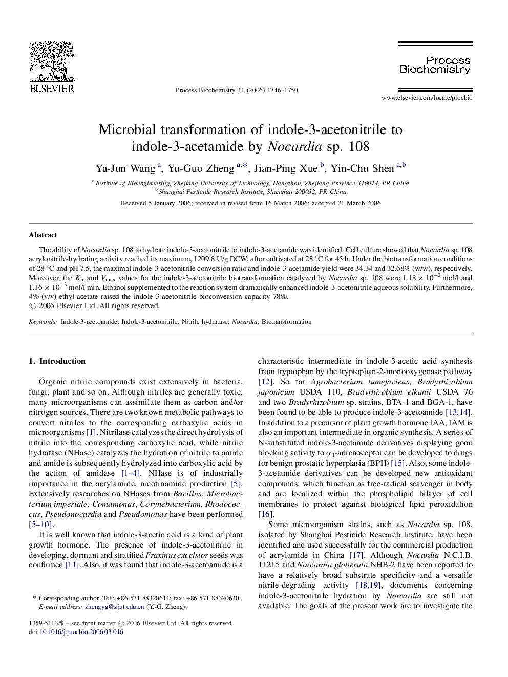 Microbial transformation of indole-3-acetonitrile to indole-3-acetamide by Nocardia sp. 108