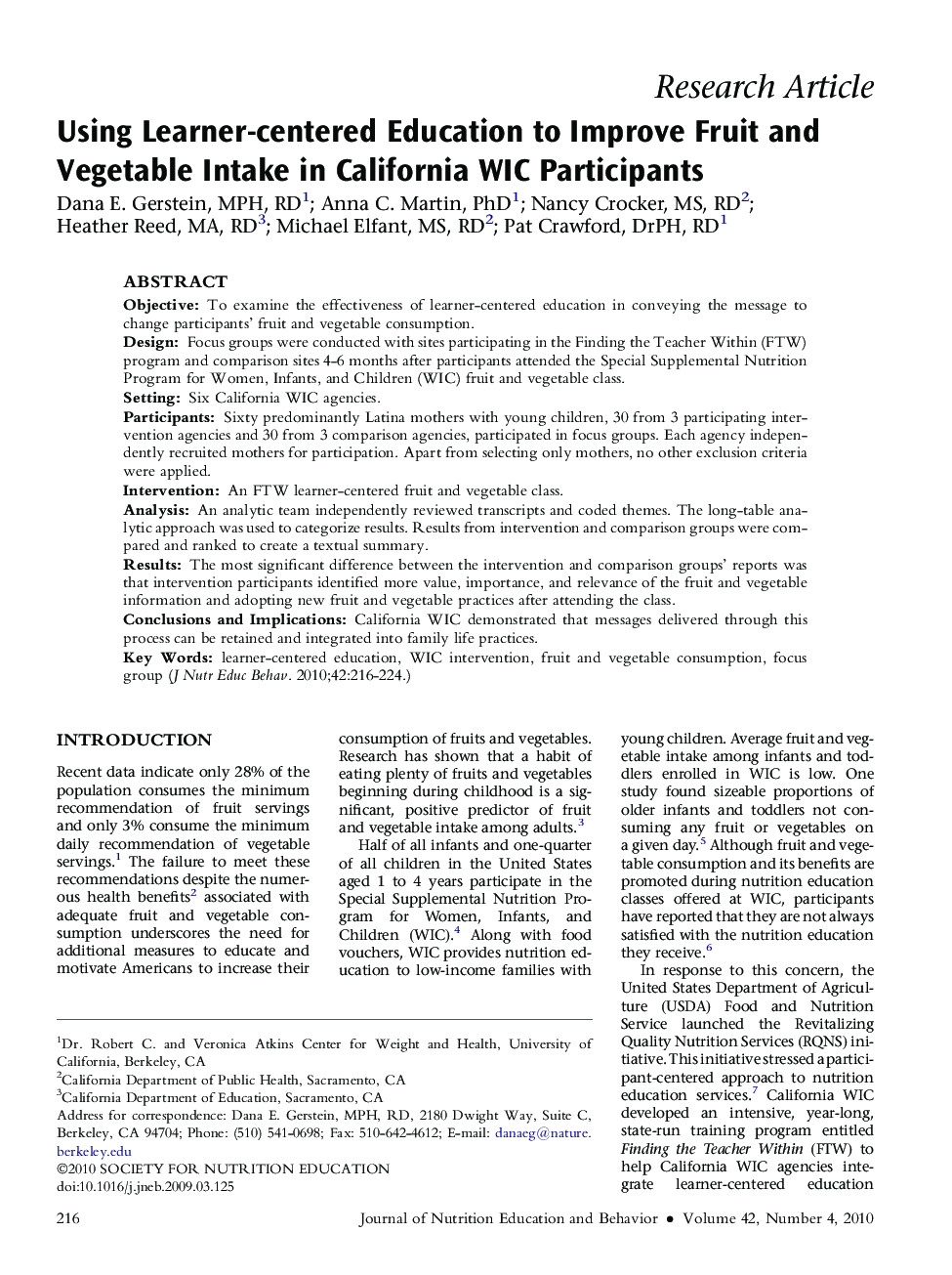 Using Learner-centered Education to Improve Fruit and Vegetable Intake in California WIC Participants