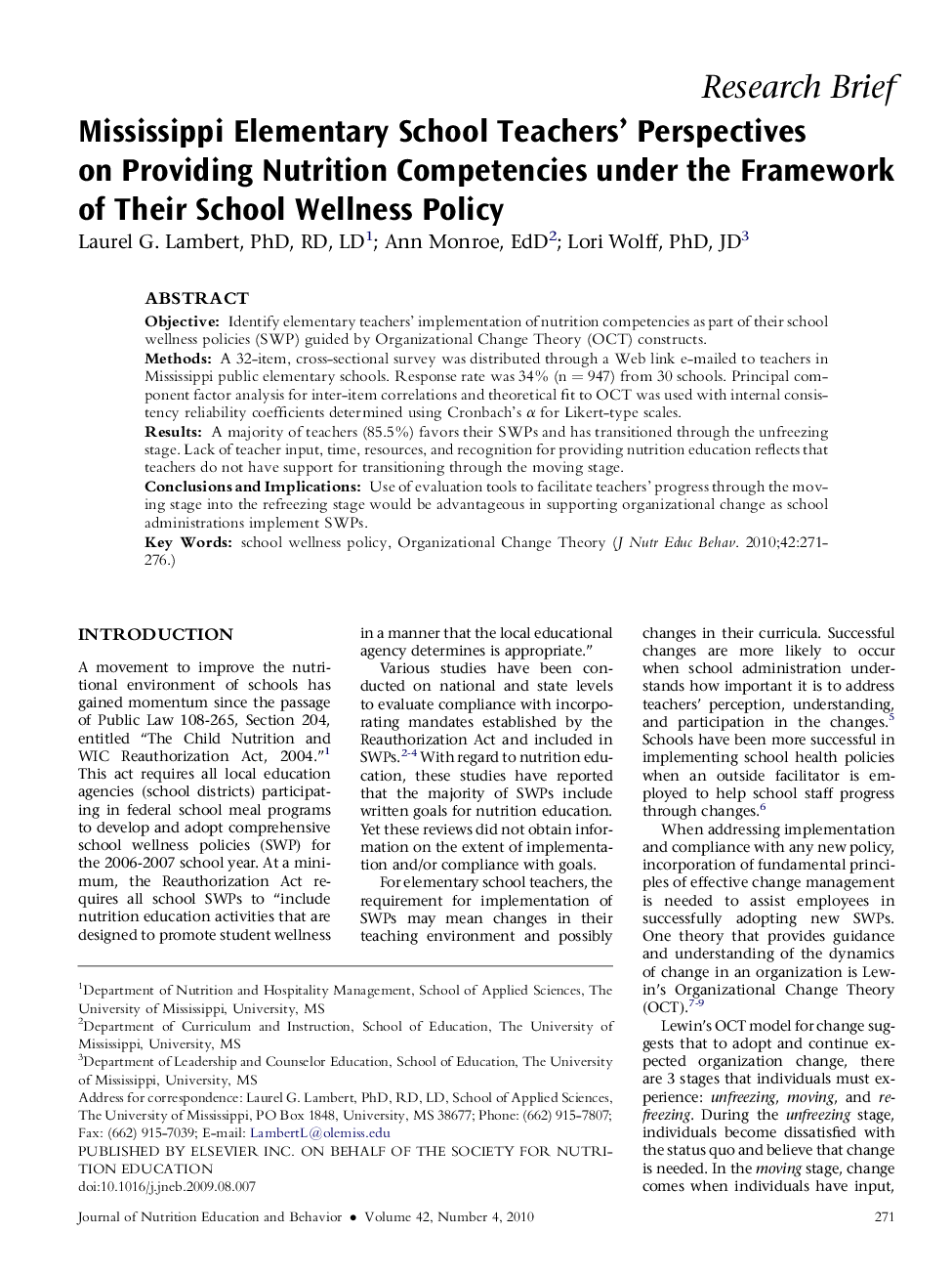 Mississippi Elementary School Teachers' Perspectives on Providing Nutrition Competencies under the Framework of Their School Wellness Policy