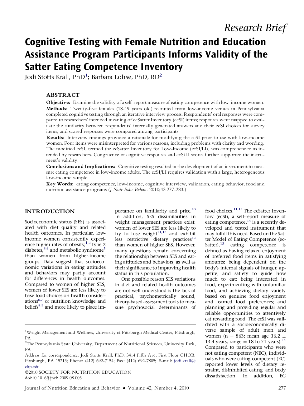 Cognitive Testing with Female Nutrition and Education Assistance Program Participants Informs Validity of the Satter Eating Competence Inventory