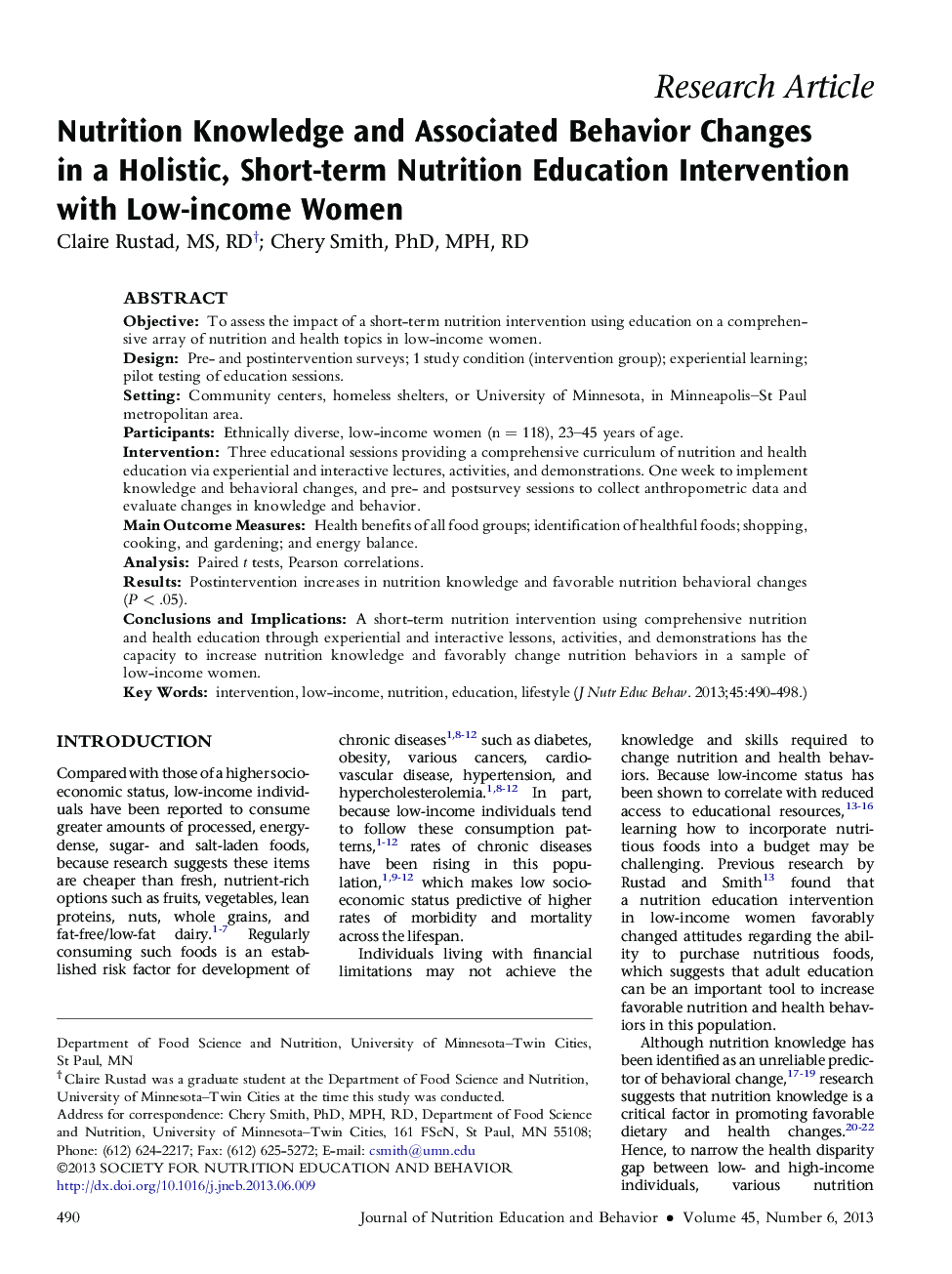 Nutrition Knowledge and Associated Behavior Changes in a Holistic, Short-term Nutrition Education Intervention with Low-income Women